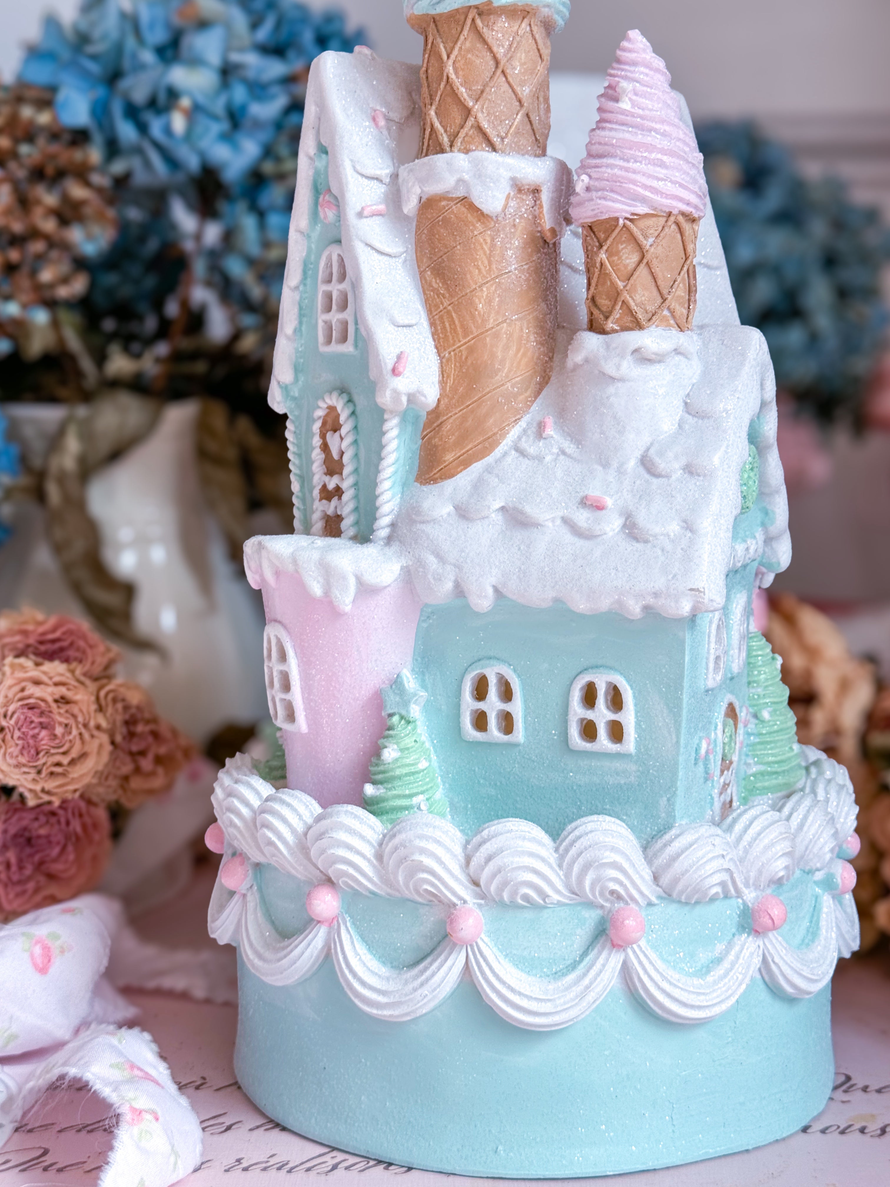 Large Pastel Pink and blue green Gingerbread Sugar tower Castle retailer