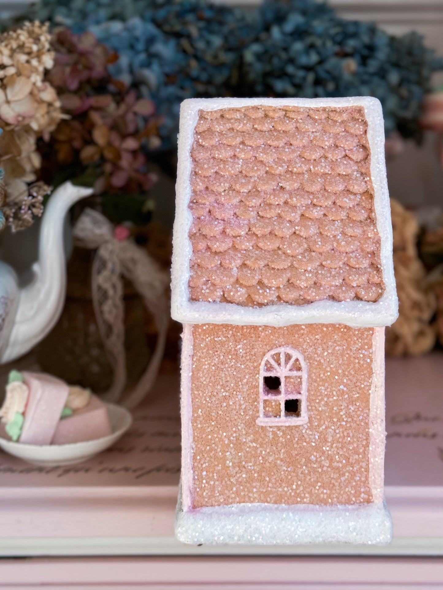 Bespoke Hand Painted Pink Ombre LED Light up Gingerbread Townhouses with Glitter