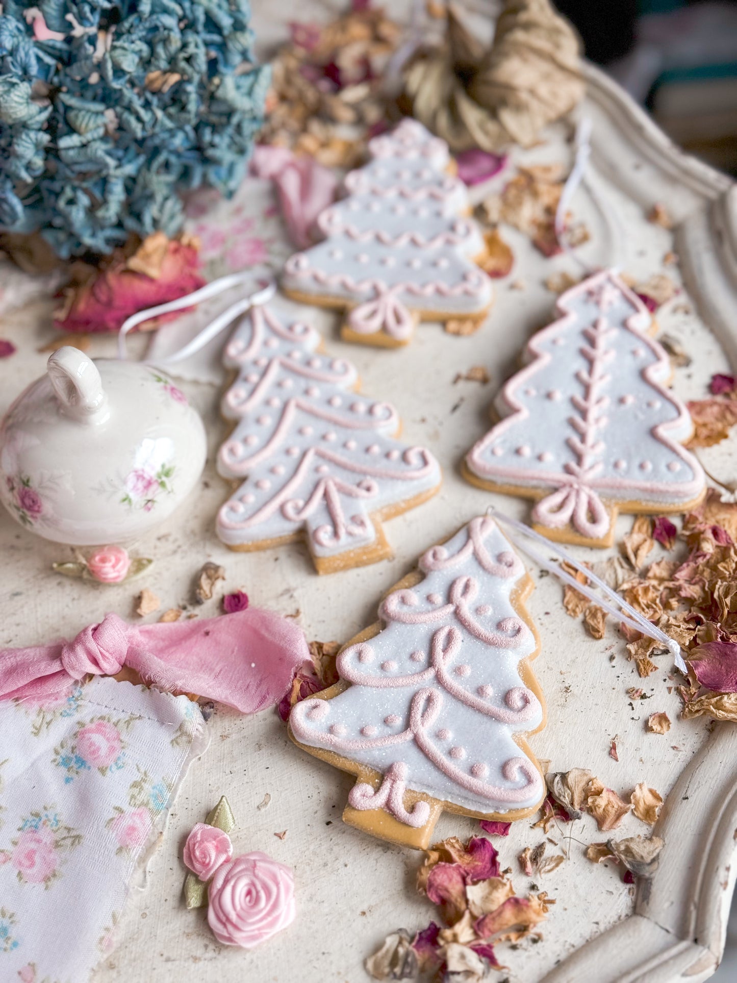 Bespoke Hand Painted Gingerbread Cookie Christmas Tree Ornaments with Pastel Pink Icing