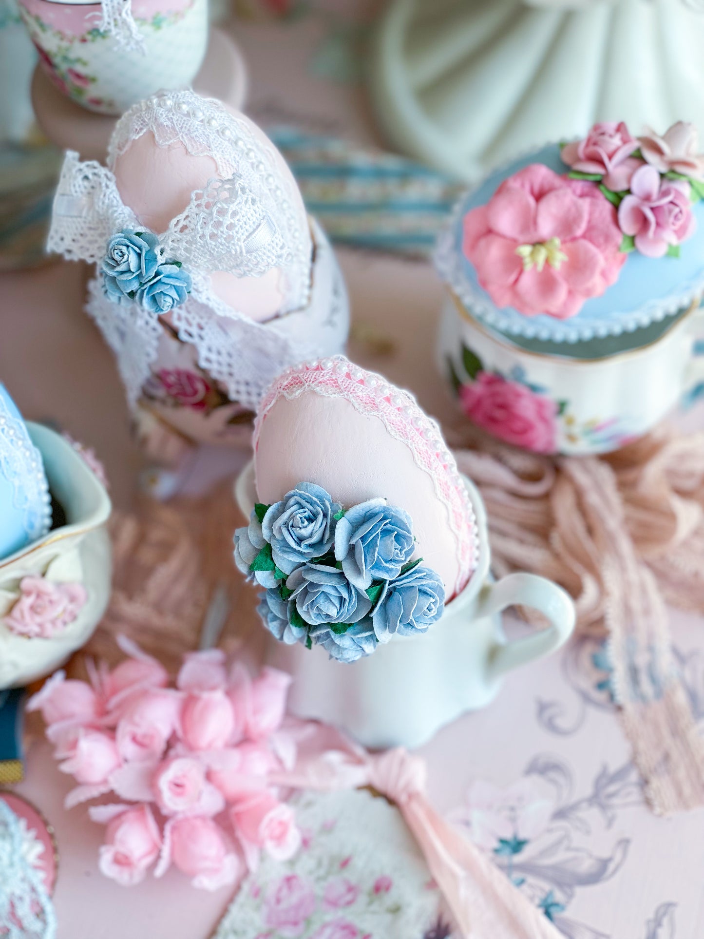 Set of 12 Handmade Pastel Pink and Blue Floral Easter Egg Bowl Sitters