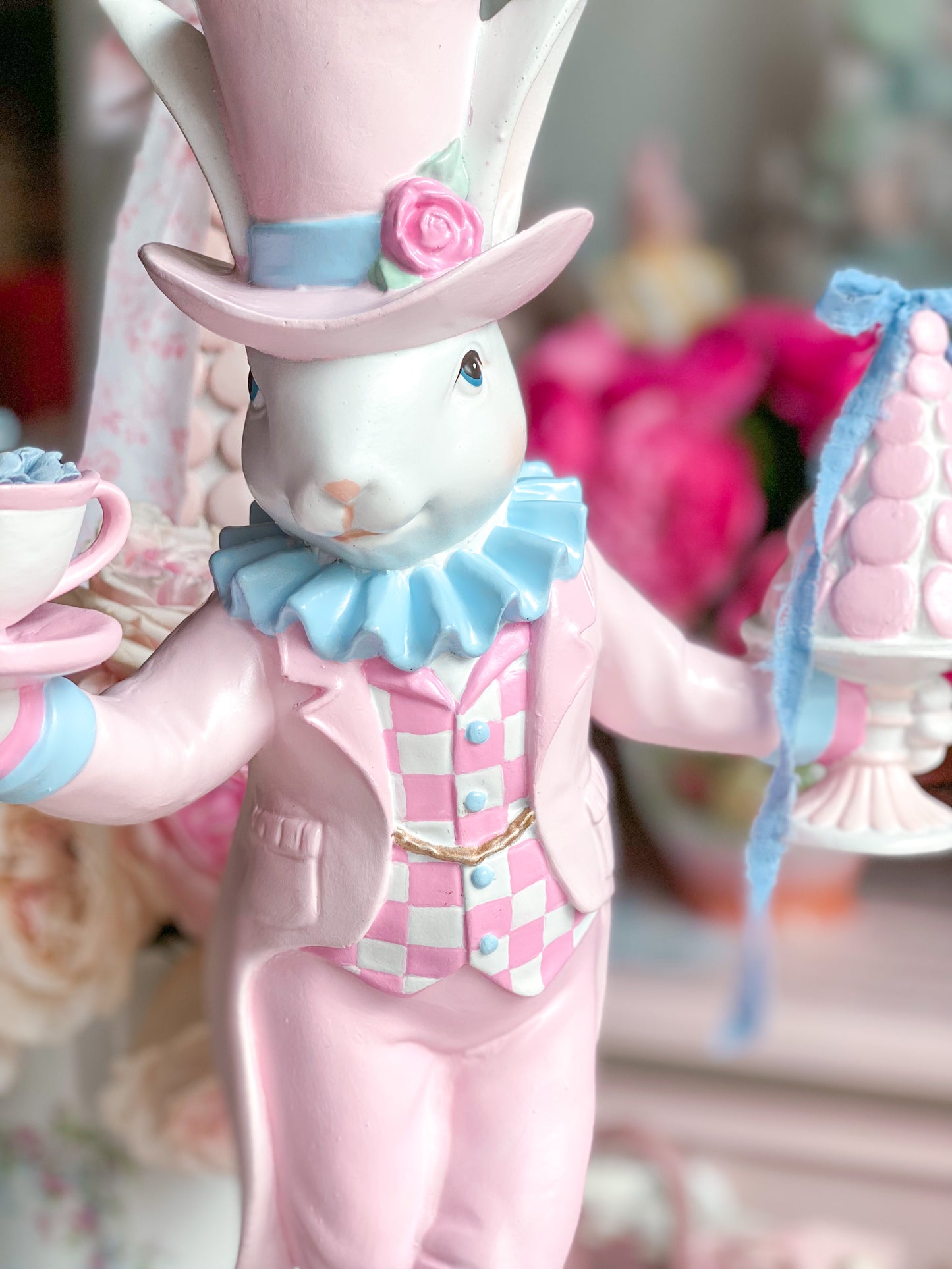 GLOW-UP Commission: Bespoke Hand Painted Pastel Pink and Blue Mad Hatter Bunny Balancing on a Tea Cup