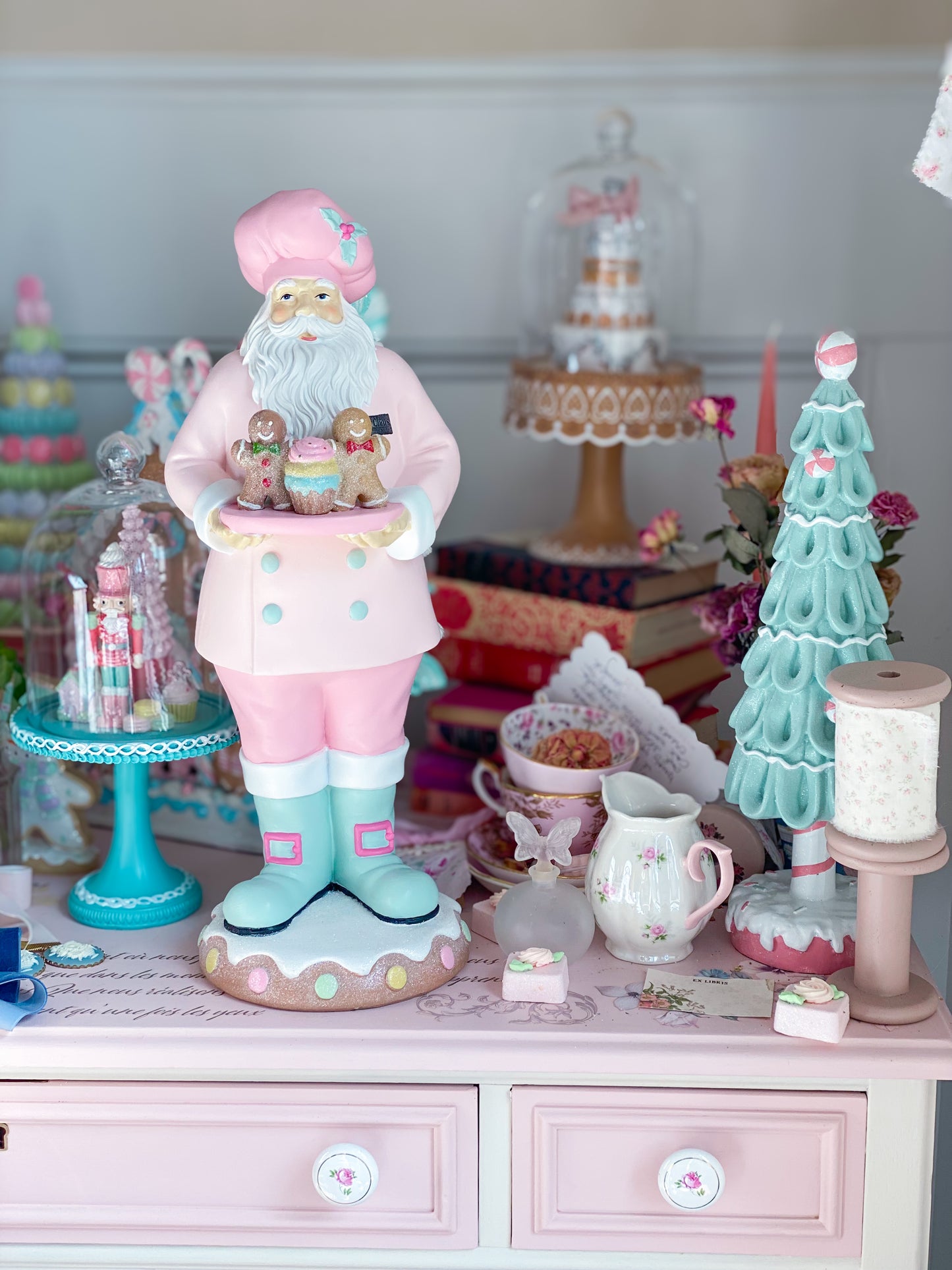 GLOW-UP COMMISSION: Hand Painted Pastel Pink and Mint Green Baking Santa with Gingerbread Men