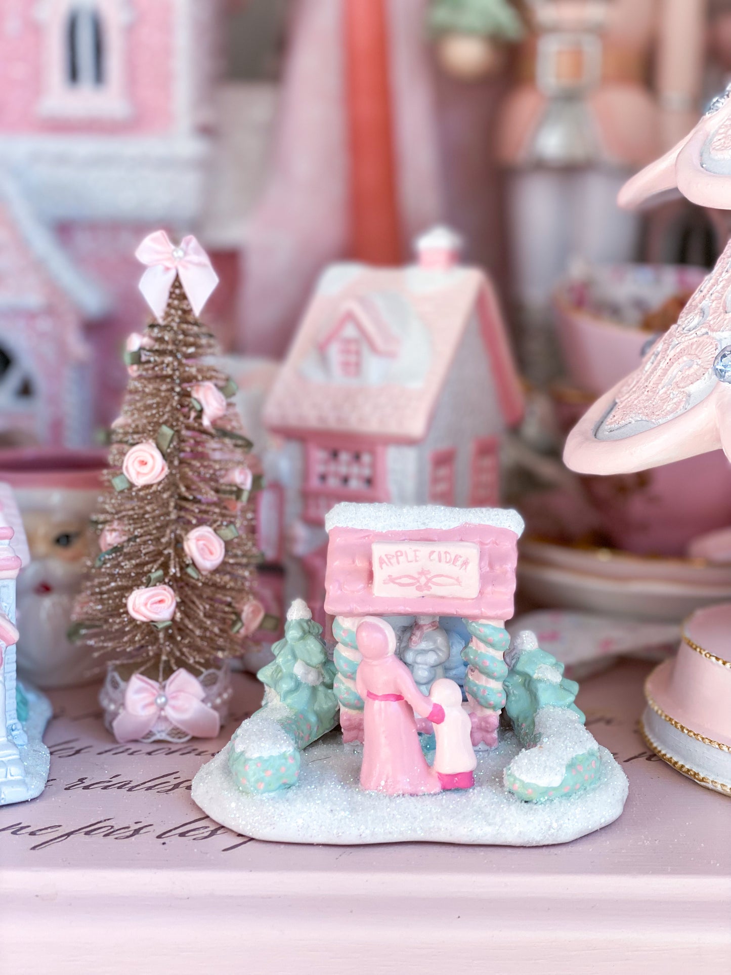 Bespoke Pastel Pink and White Petite Christmas Village Apple Cider Stand