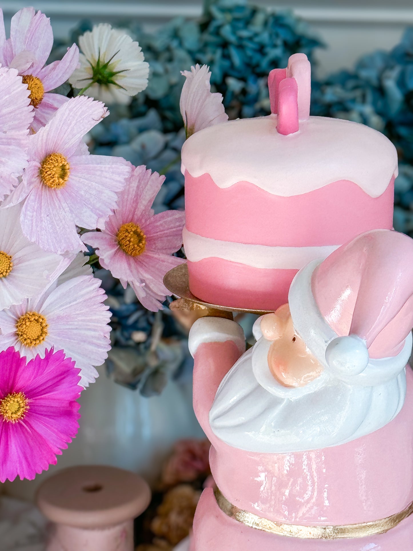 Pastel Pink and gold Santa Cake stand with hand painted ceramic mini cake