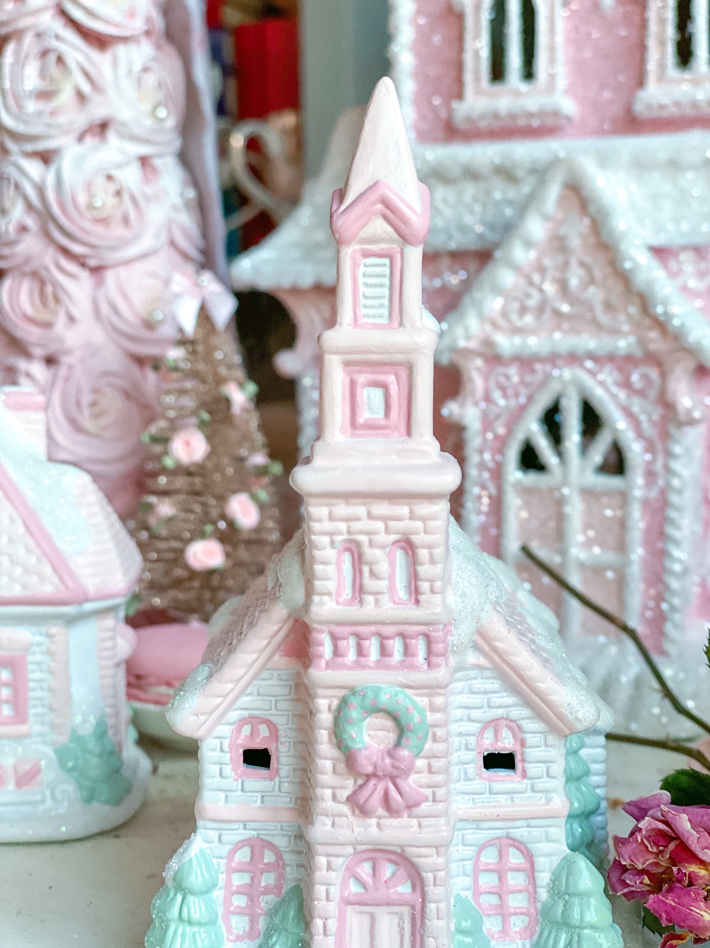 Bespoke Hand Painted Pastel Pink and White Christmas Village Petite St Nicholas Chapel Pre-Order