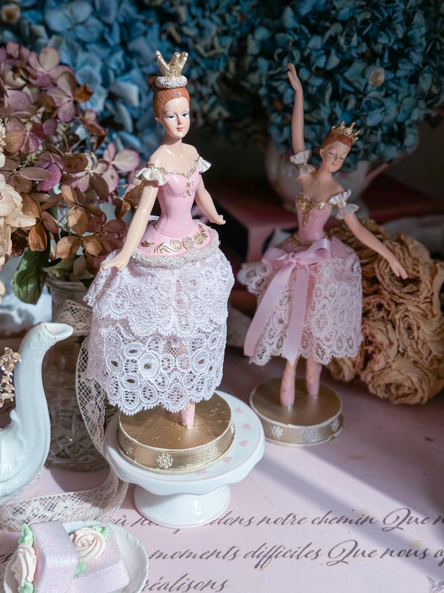 Bespoke Pink Ballerina Figurine with Handmade Tutu made of Luxurious Blush Lace