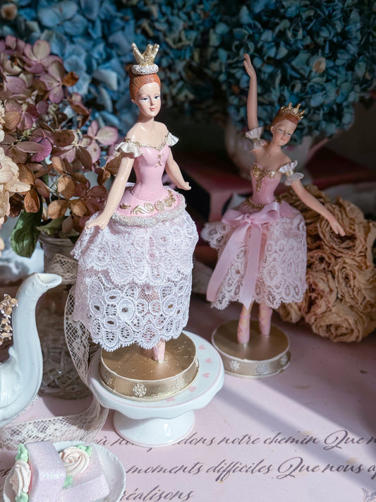 Bespoke Pink Ballerina Figurine with Handmade Tutu made of Luxurious Blush Lace