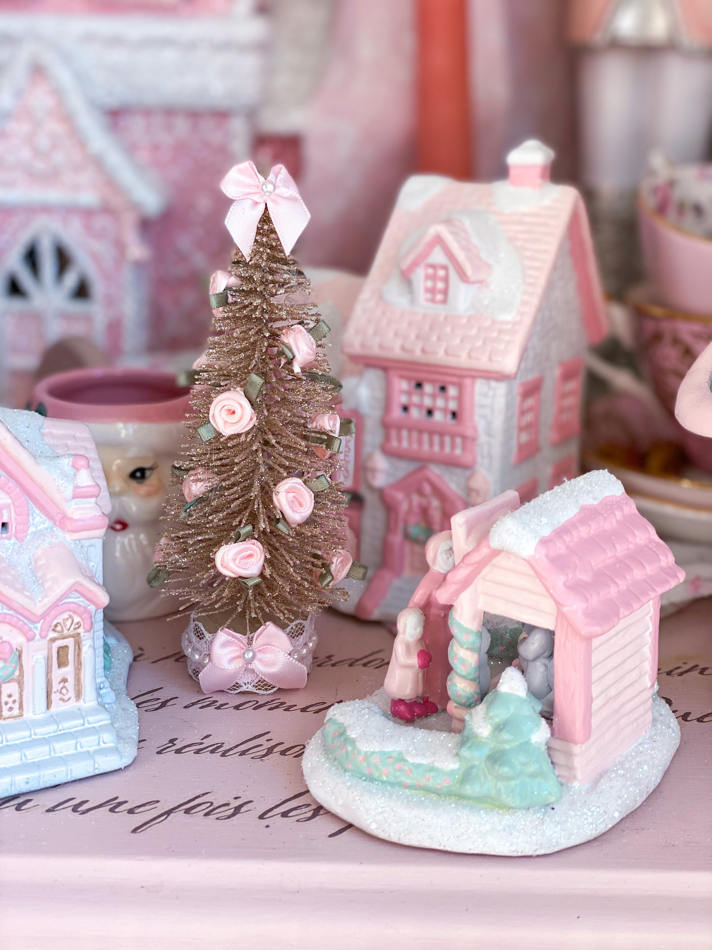 Bespoke Pastel Pink and White Petite Christmas Village Apple Cider Stand