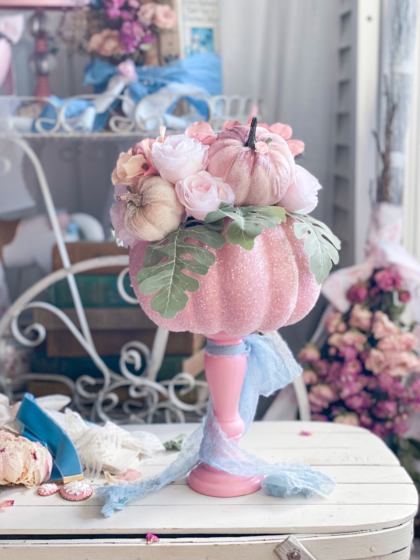 Bespoke Upcycled Pastel Pink Glam Glitter Pumpkin Topiary with Arrangement