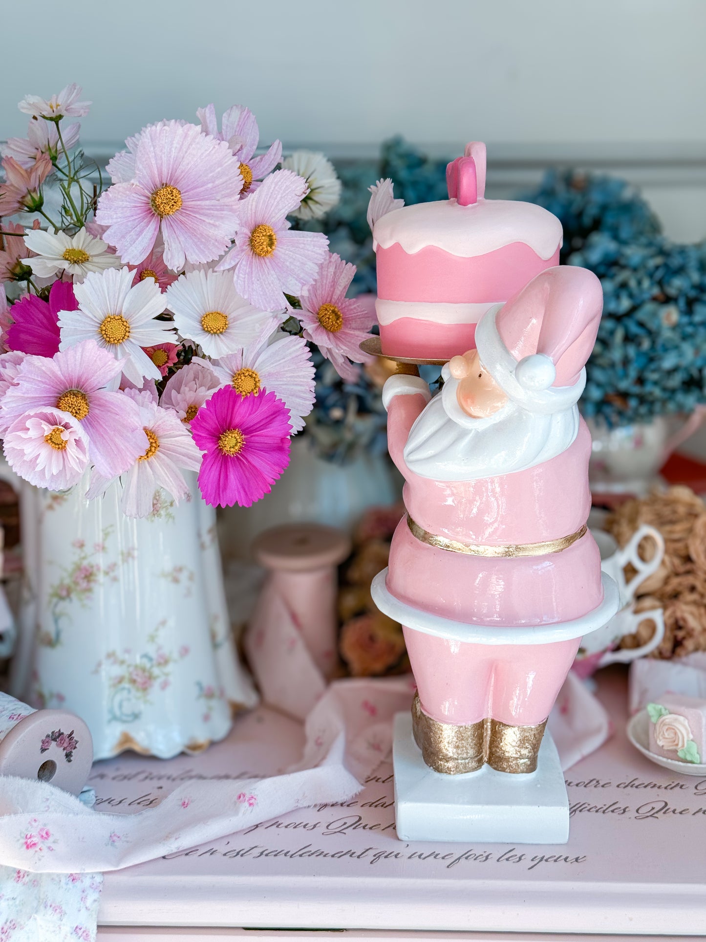 Pastel Pink and gold Santa Cake stand with hand painted ceramic mini cake