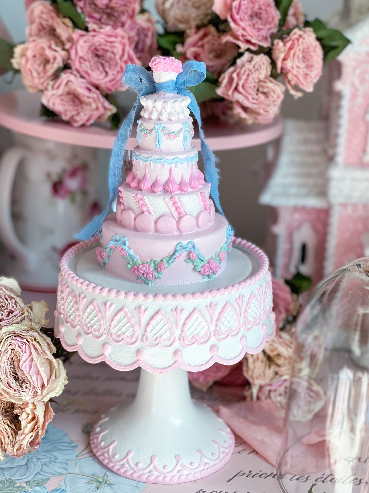 GLOW-UP COMMISSION: Bespoke Hand Painted Pastel Pink, Blue, Mint Green Spring Easter Cake with Cloche