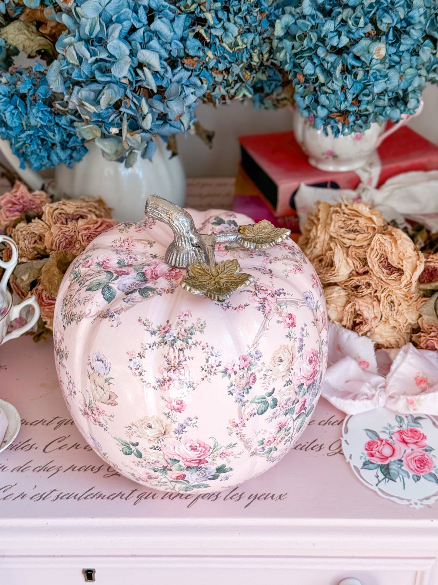 Bespoke Pastel Pink Hand Painted Shabby Chic Floral Pumpkin