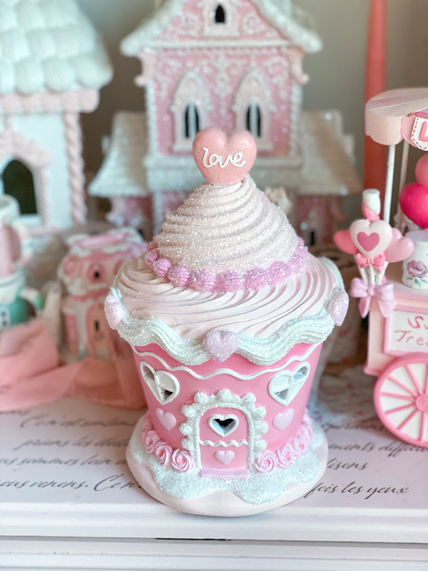 Bespoke Hand Painted Pastel Pink LED light up Valentine’s Day Cupcake House