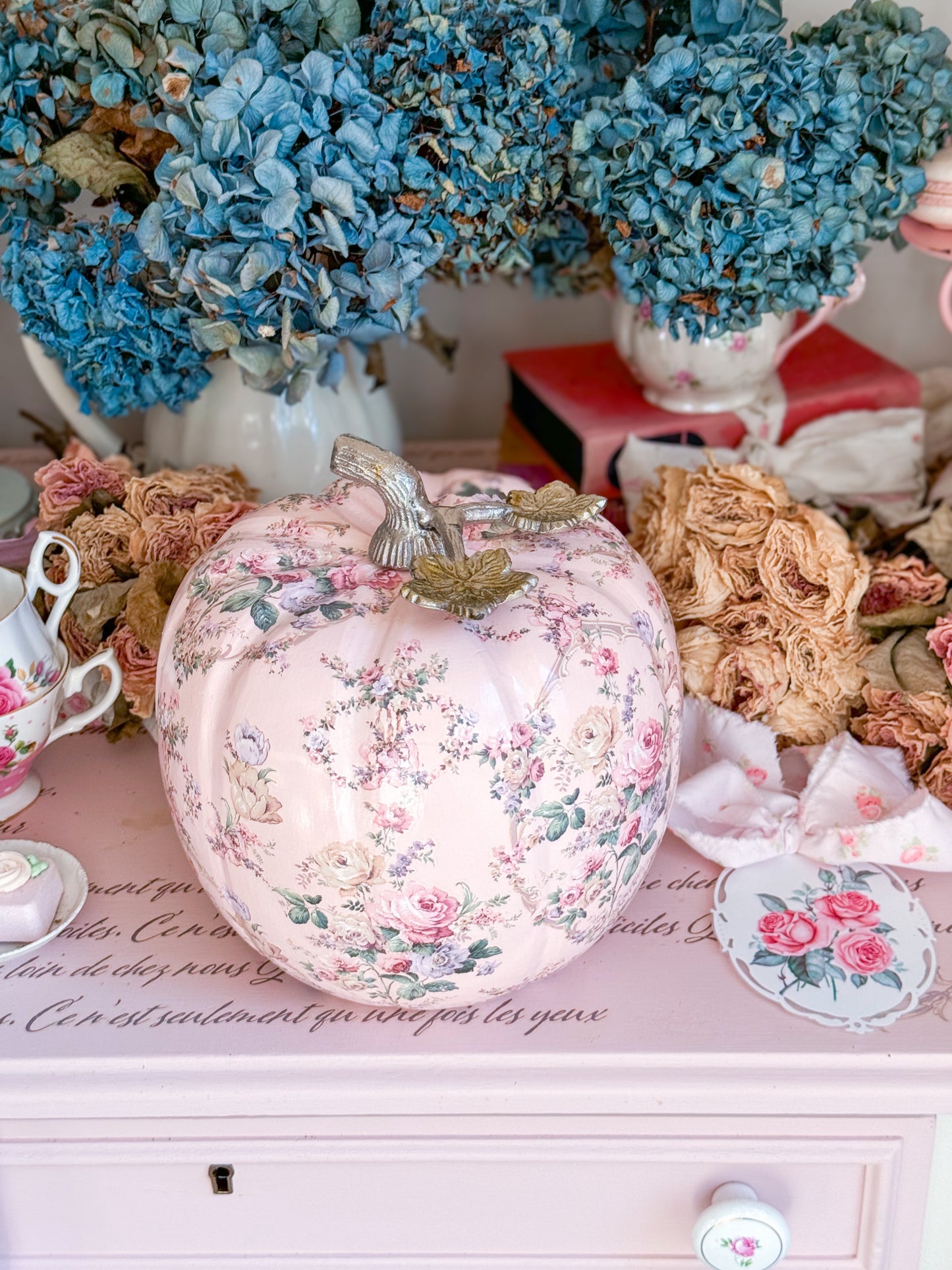 Bespoke Pastel Pink Hand Painted Shabby Chic Floral Pumpkin