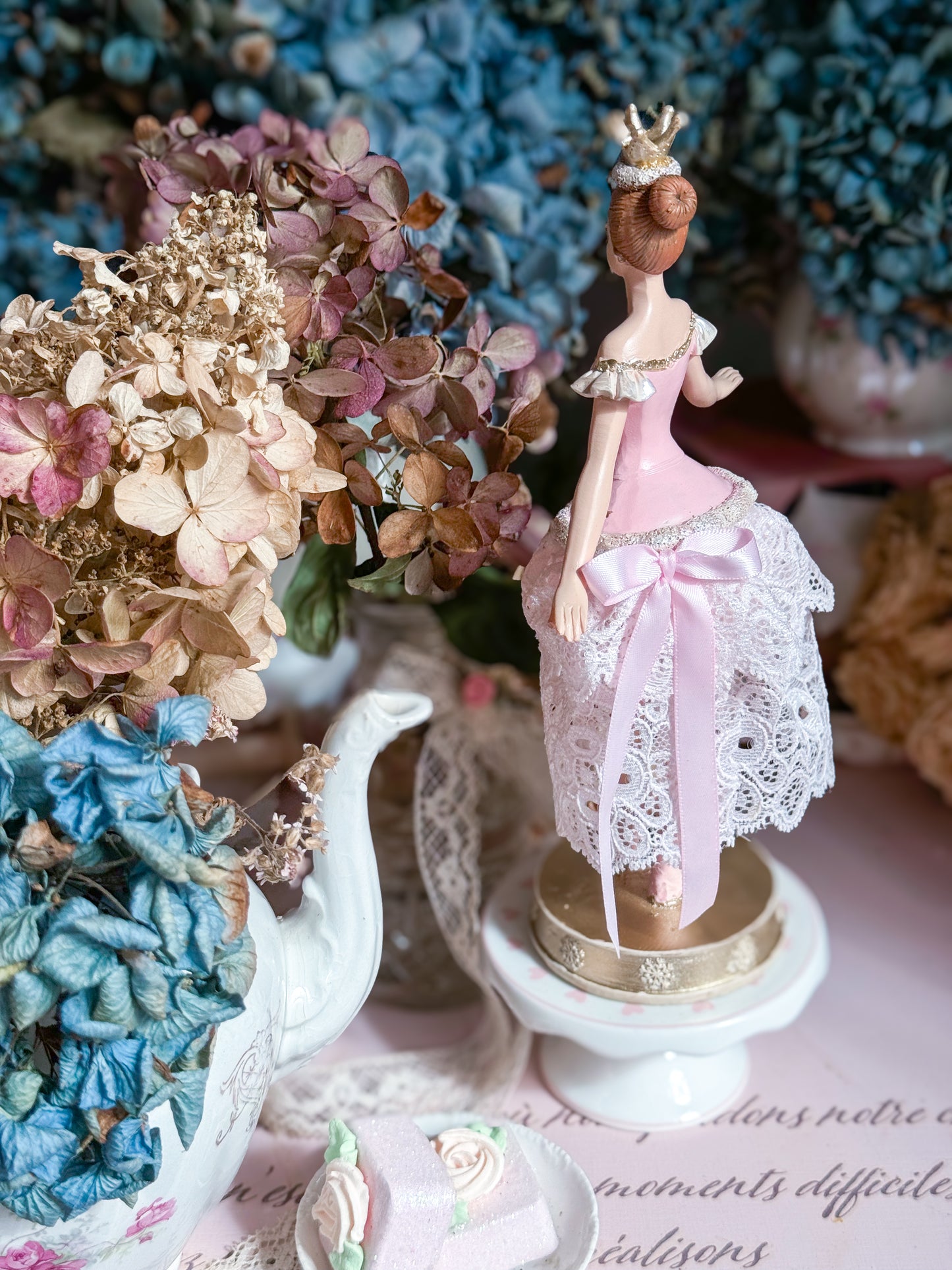 Bespoke Pink Ballerina Figurine with Handmade Tutu made of Luxurious Blush Lace