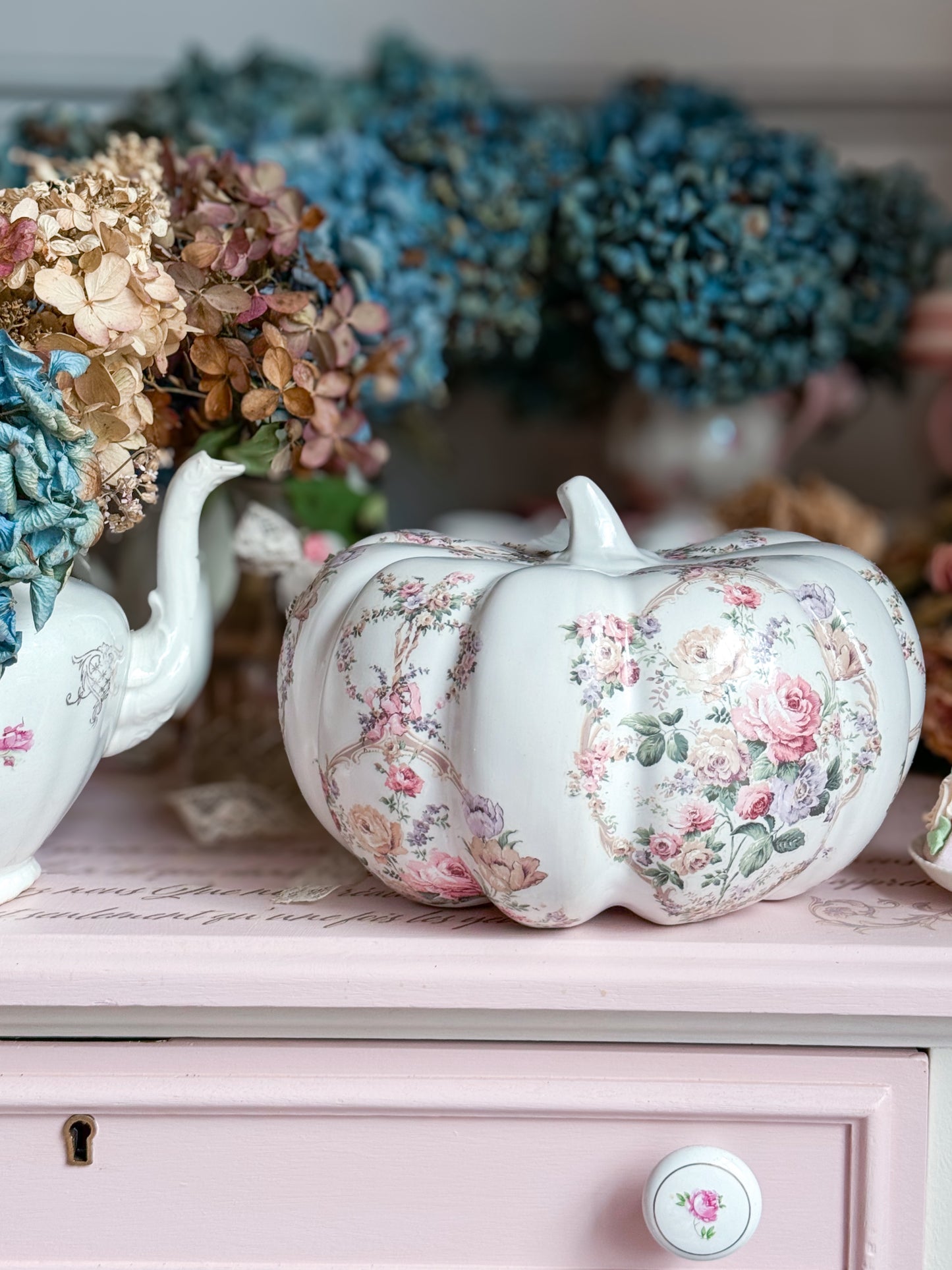 Bespoke Shabby Chic White Floral Ceramic Pumpkin + Custom Blue Paint