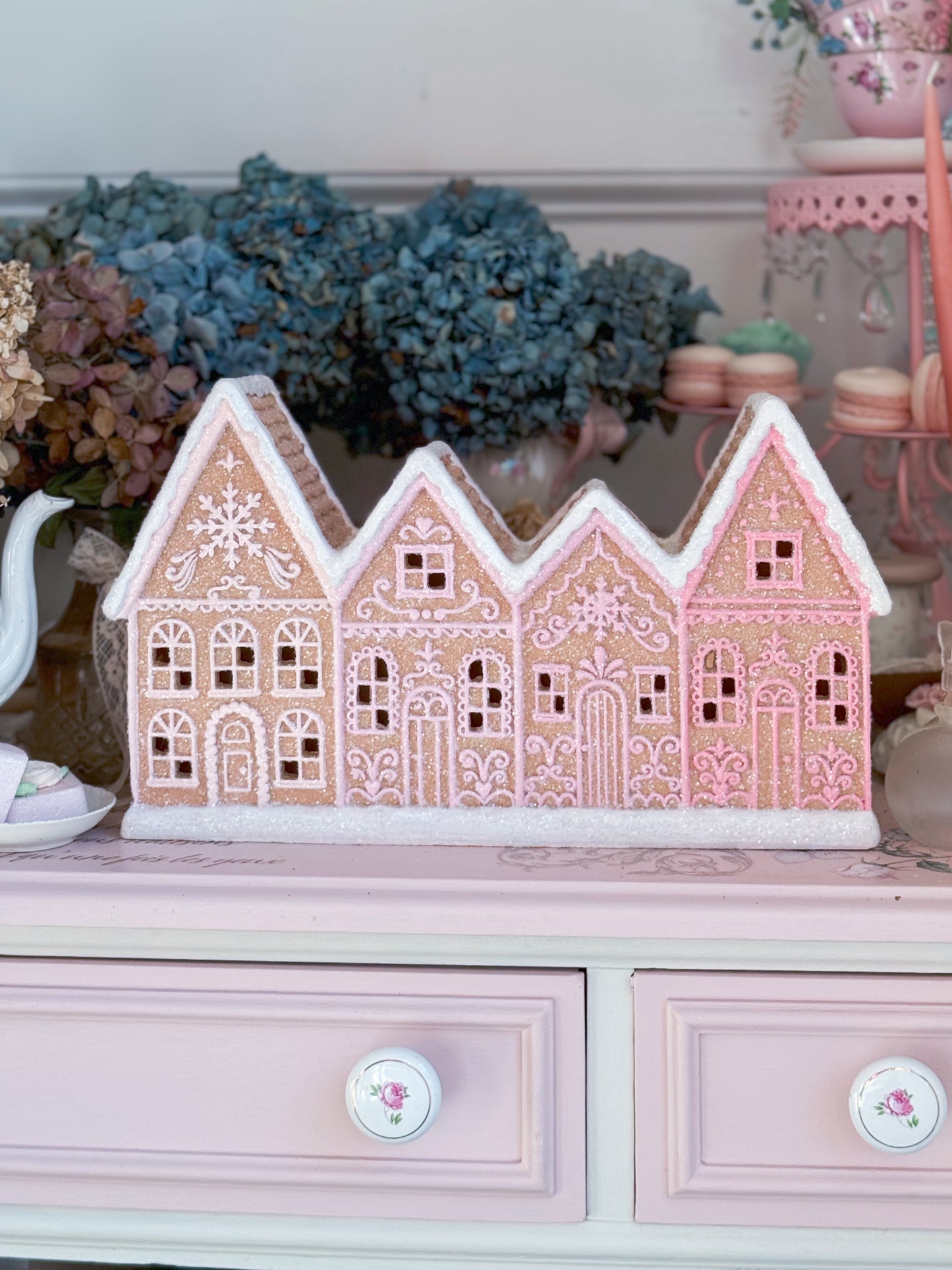 Bespoke Hand Painted Pink Ombre LED Light up Gingerbread Townhouses with Glitter