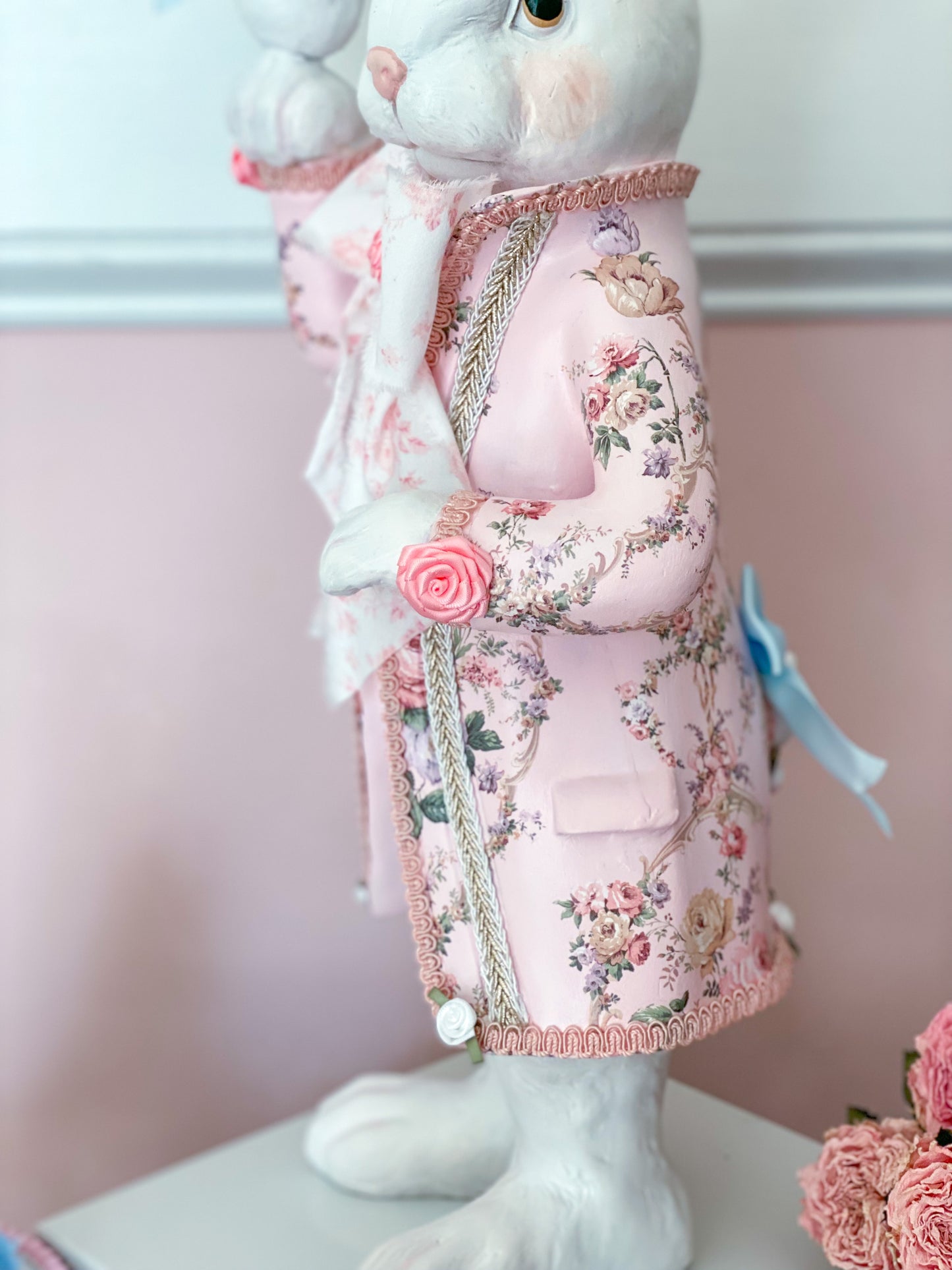 Bespoke Pastel Pink Rococo French Dandy Bunny with Brocade Style Jacket