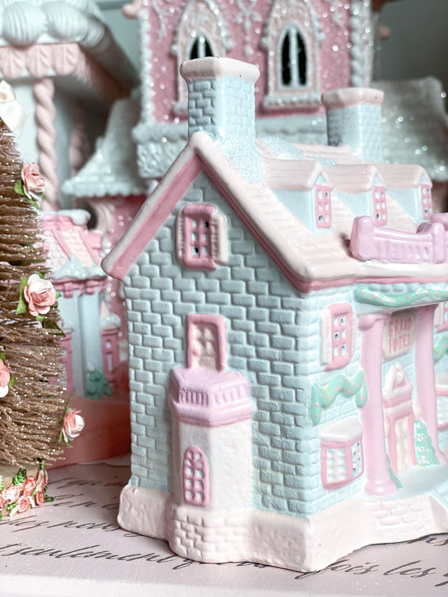 Bespoke Hand Painted Pastel Pink and White Christmas Village Antebellum Grand Hotel
