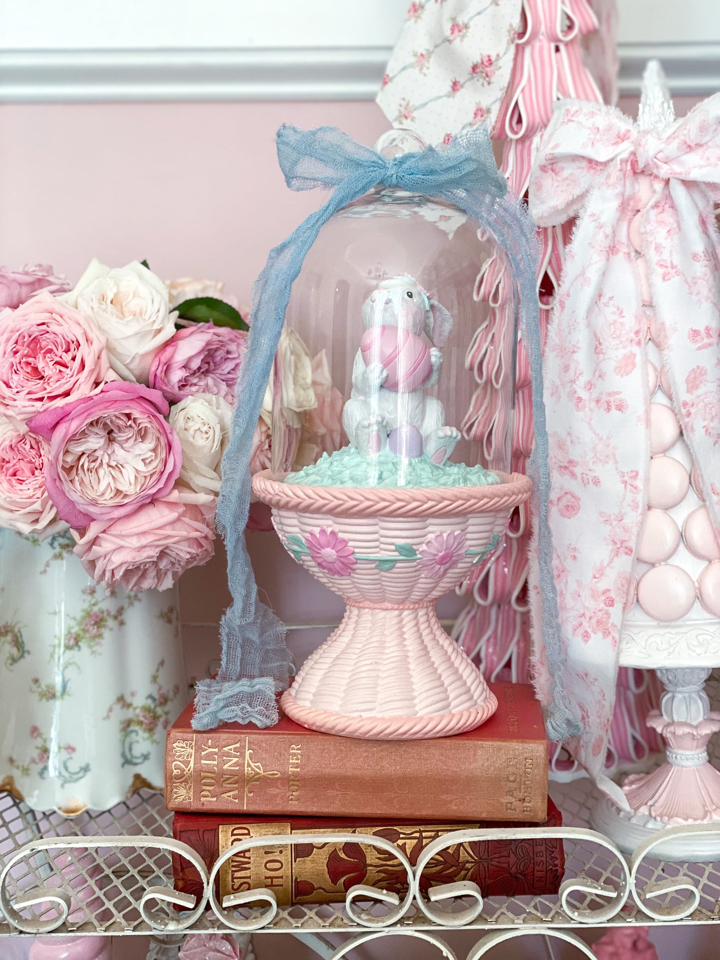 Bespoke Easter Bunny in Cloche on Pastel Pink Pedestal Base Hand Painted