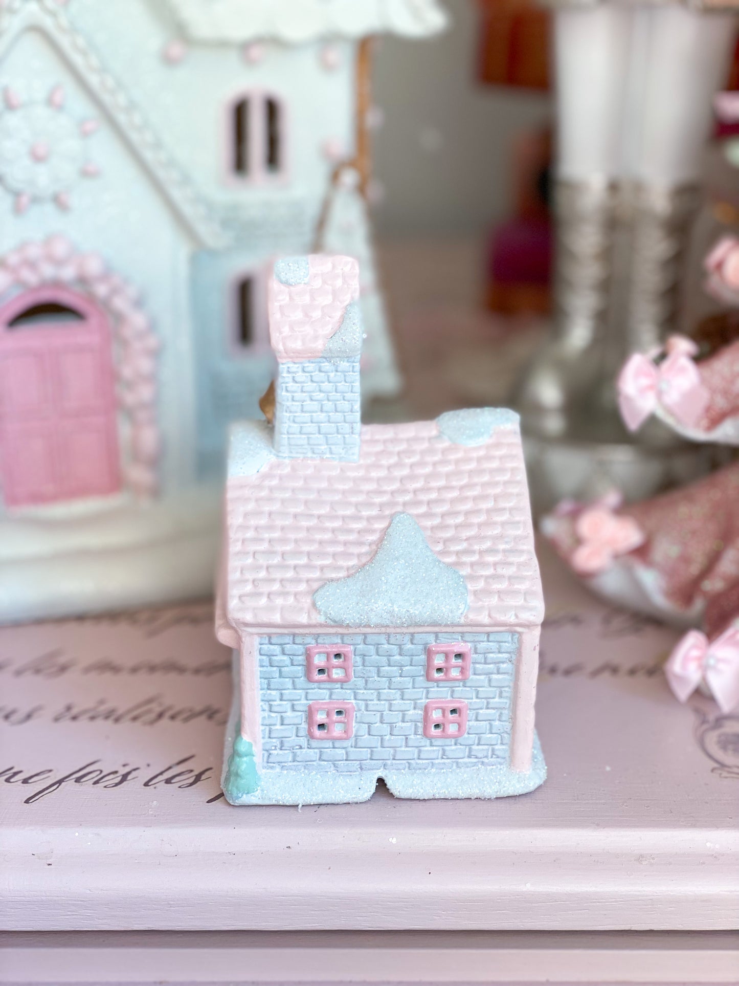 Bespoke Pastel Pink and White Hand Painted Petite Christmas Village School House PRE-ORDER