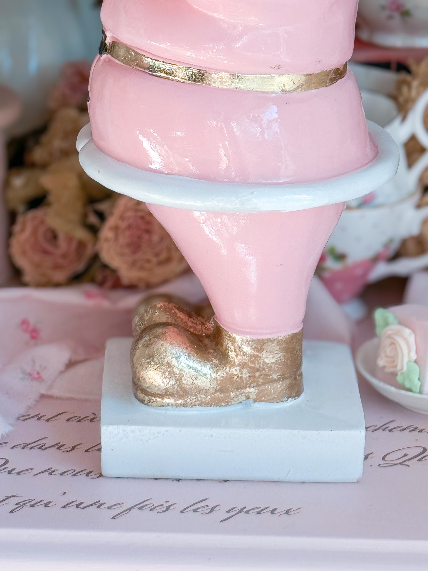 Pastel Pink and gold Santa Cake stand with hand painted ceramic mini cake