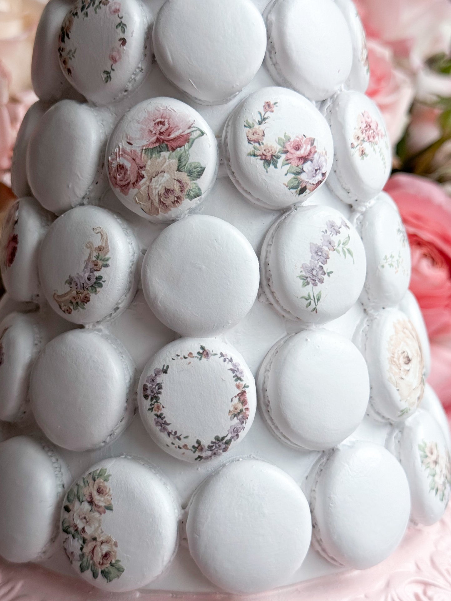 Bespoke Hand Painted Pastel Pink and White Shabby Chic Floral Macaron Tree