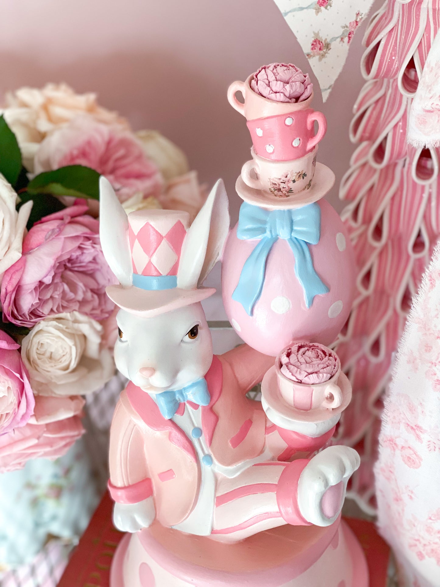 GLOW-UP COMMISSION: Bespoke Pastel Pink and Blue Mad Hatter Style Easter Bunny Balancing egg and Teacups Hand Painted