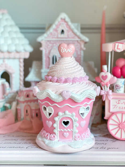 Hand Painted Pastel Pink LED light up Valentine’s Day Cupcake House Glow-Up Commission