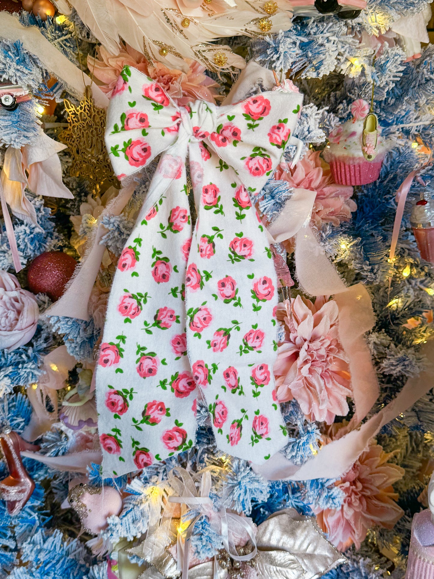 Bespoke Large Christmas Tree Bow Ornaments Made of Pink & White Hand Torn Rose Ribbon