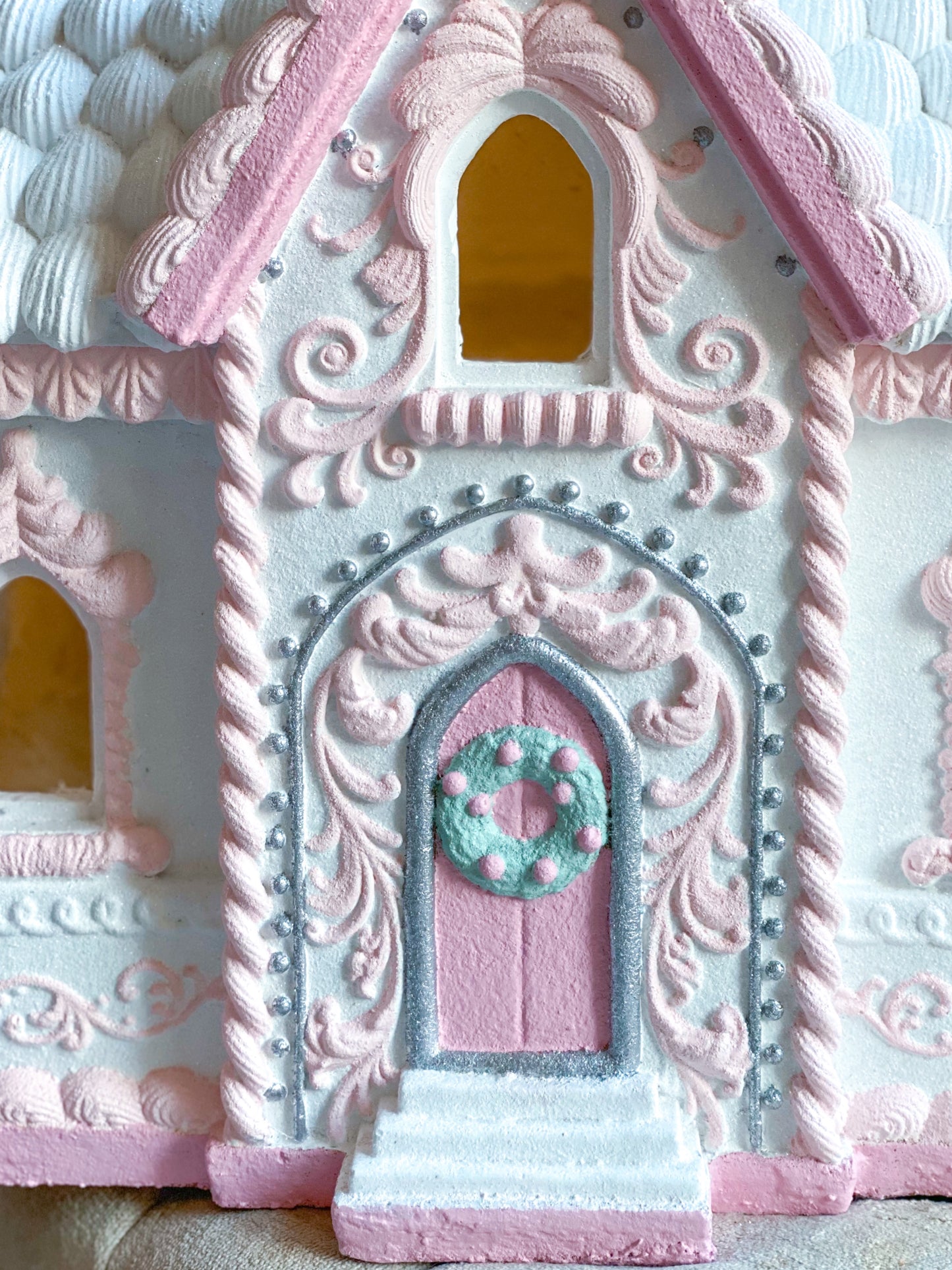 Bespoke Pink and White Hand Painted Large LED Light Up Gingerbread Cookie House