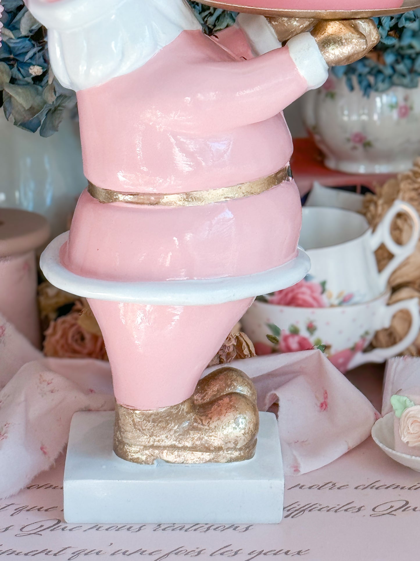 Pastel Pink and gold Santa Cake stand with hand painted ceramic mini cake