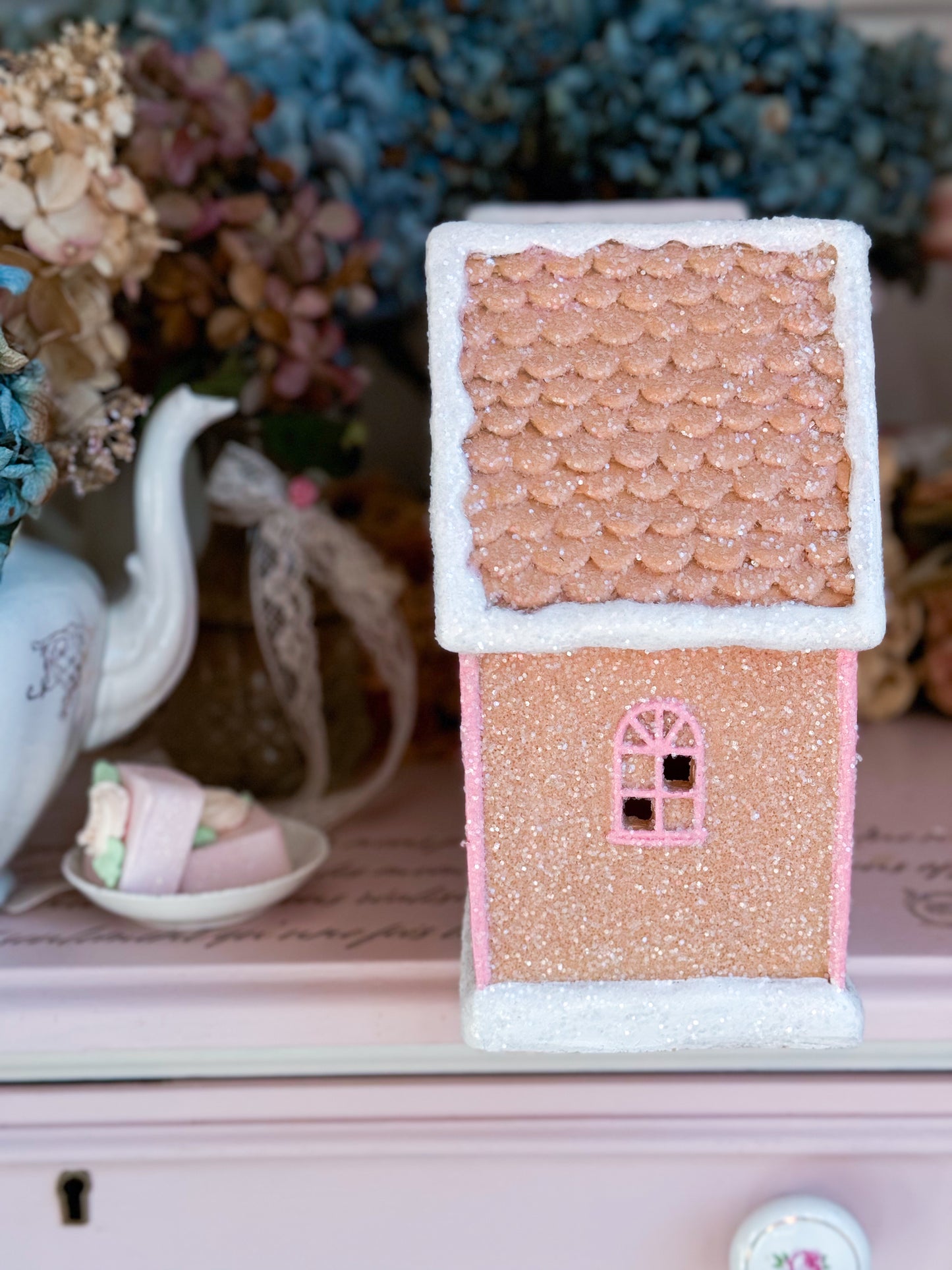 Bespoke Hand Painted Pink Ombre LED Light up Gingerbread Townhouses with Glitter