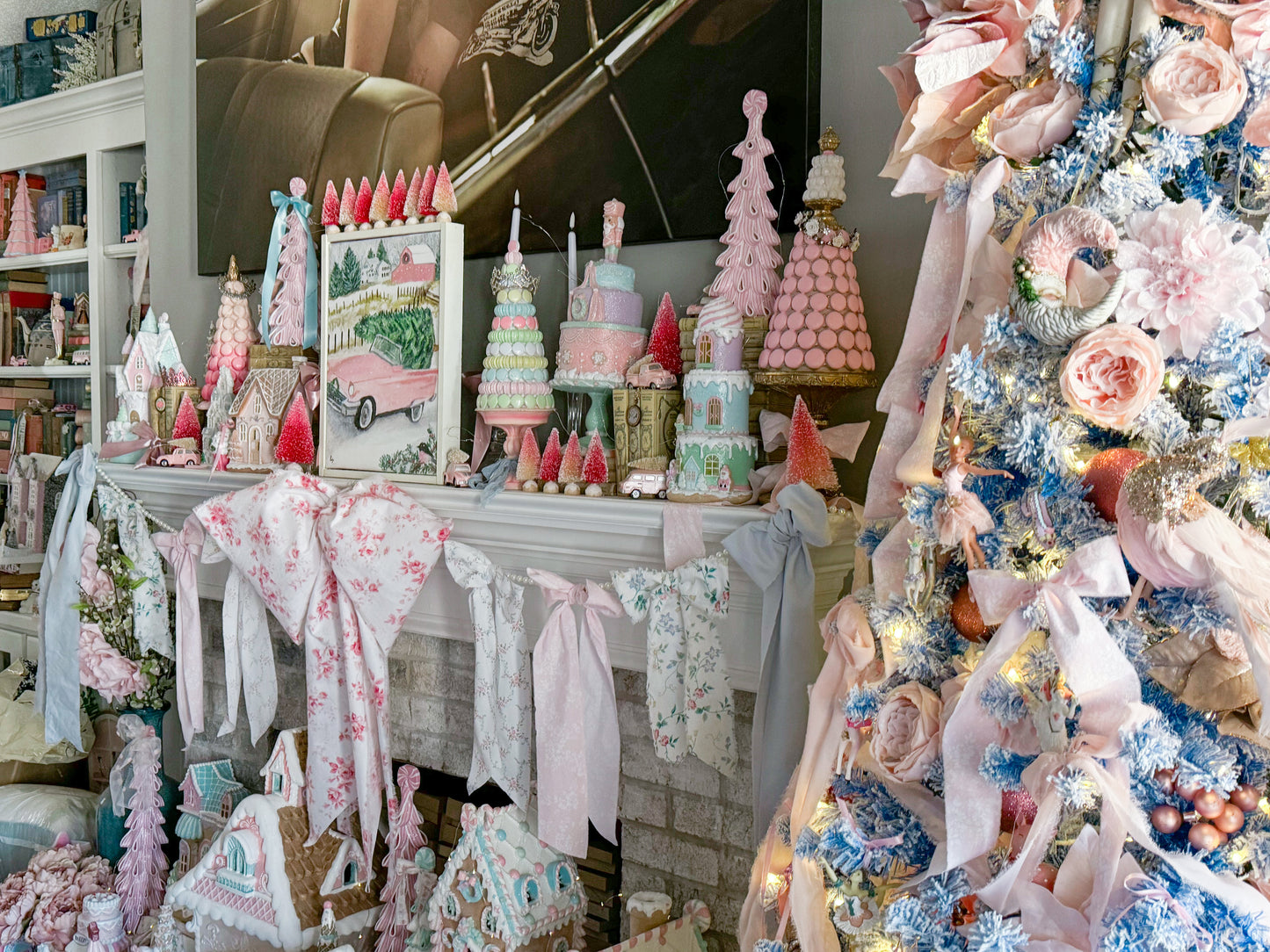 Bespoke Hand Made Oversized Floral Bow and Pearl Bow Garland Bundle in Pastel Pink and Blue