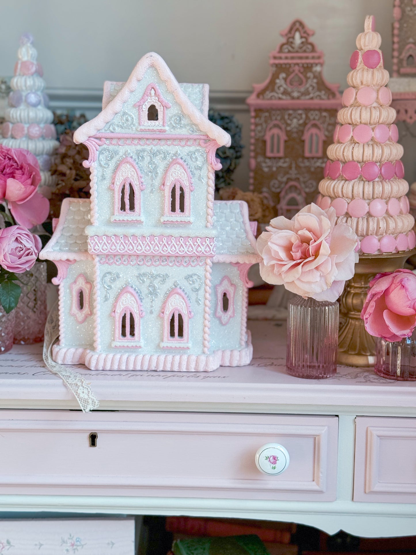 GLOW-UP COMMISSION: Bespoke Pastel Pink and White Hand Painted Two-Story Victorian Gingerbread House