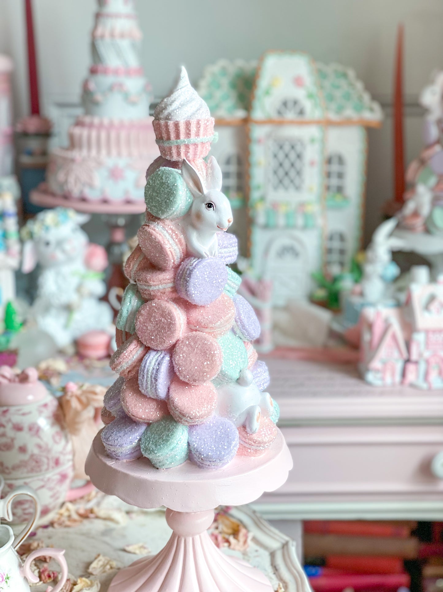 Bespoke Pastel Pink, Purple & Mint Green Bunny Macaron Tower on Blush Pink Pedestal Base