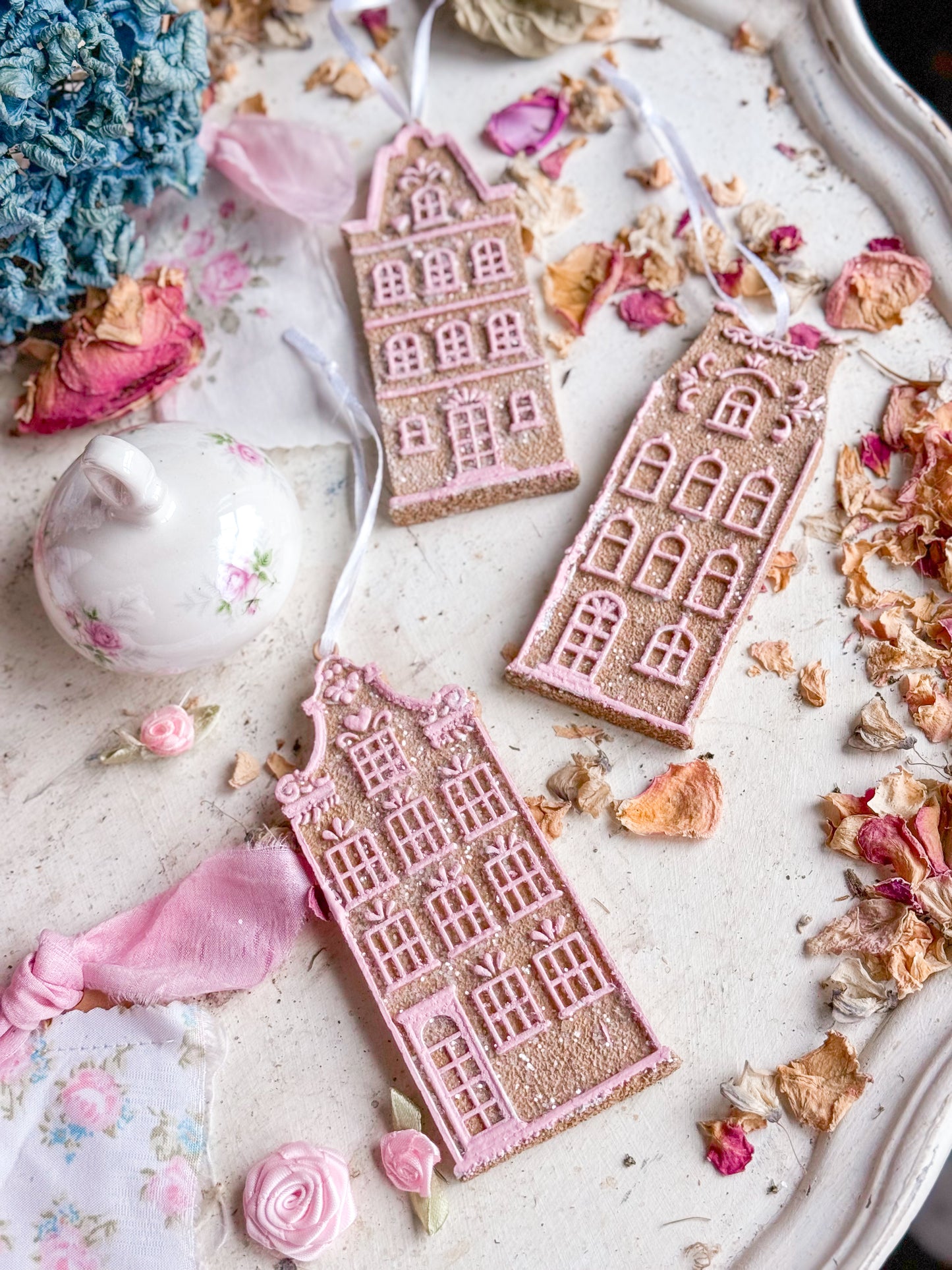 Bespoke Hand Painted Pink Gingerbread Townhouse Christmas Tree Ornaments