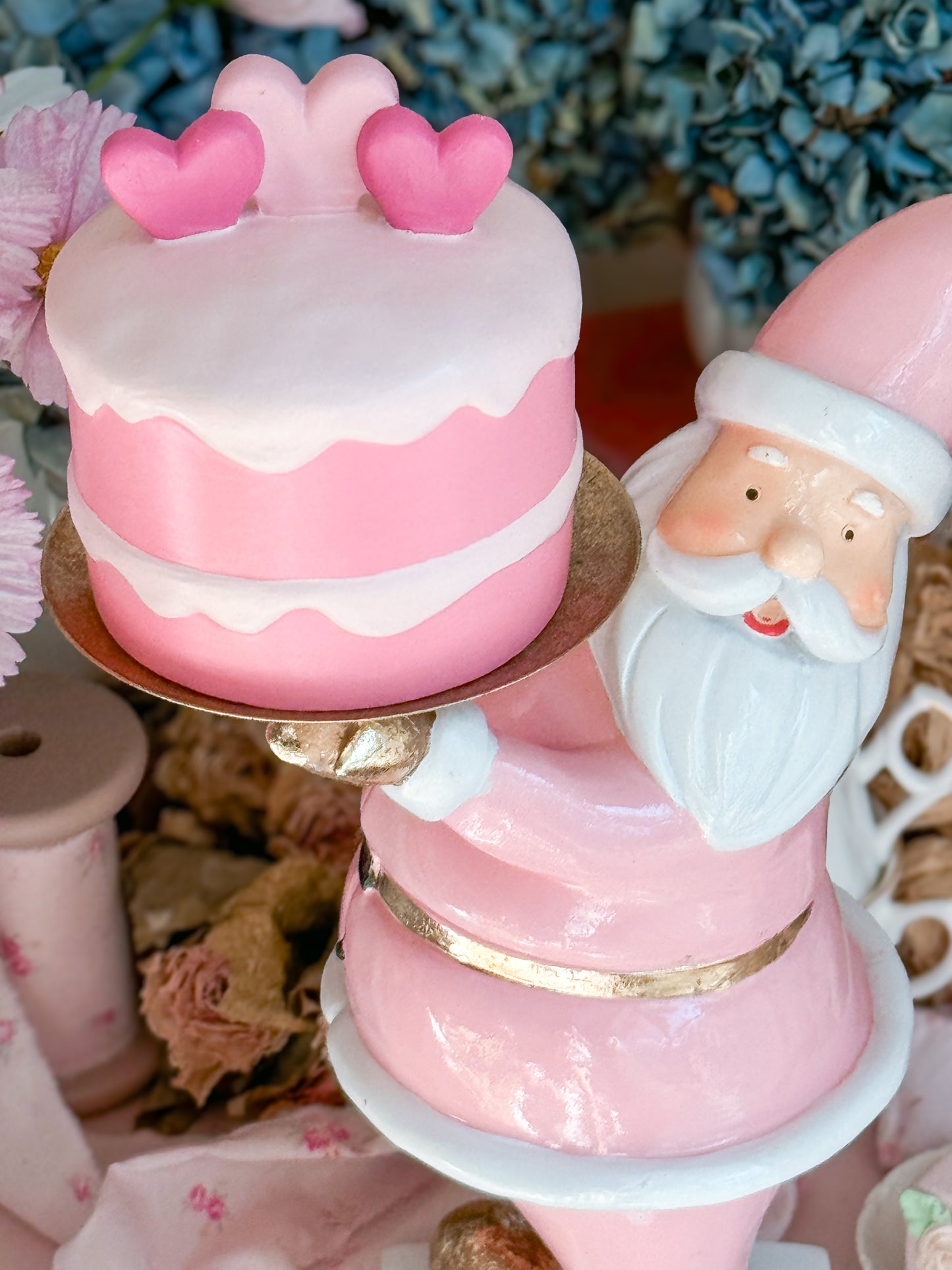 Pastel Pink and gold Santa Cake stand with hand painted ceramic mini cake