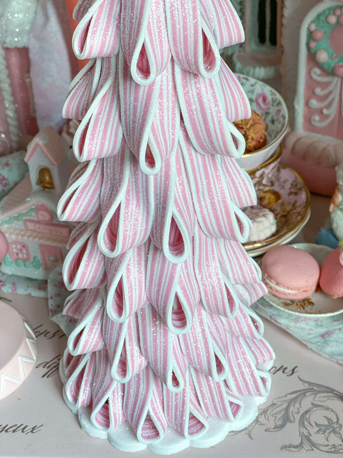 Medium Pink and White Glitter Ribbon Candy Tree