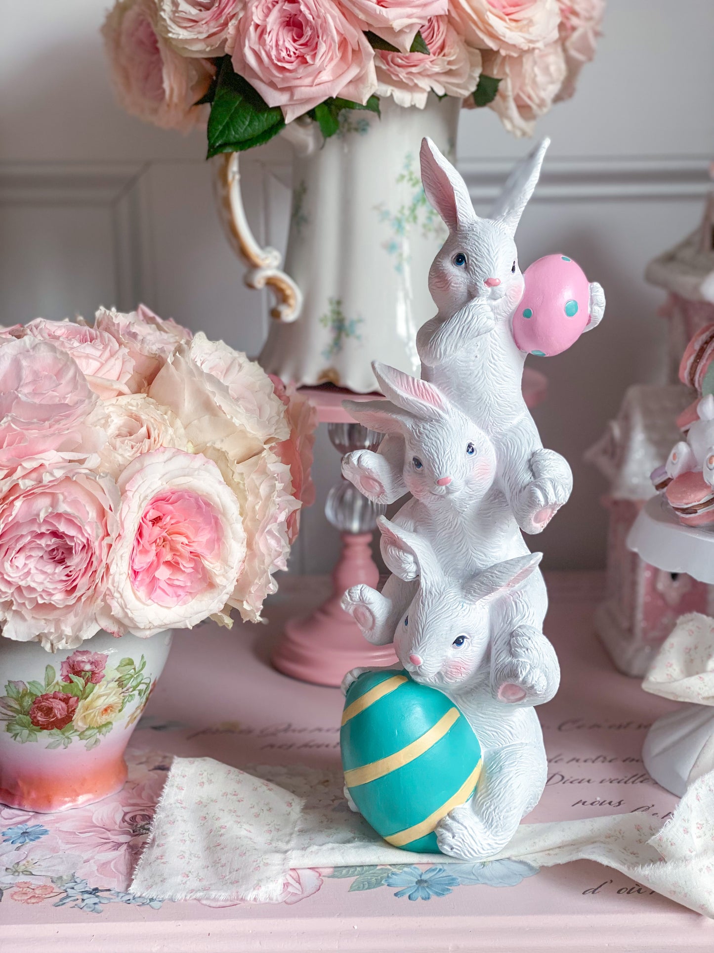 Pastel Playful Stacked Bunnies with Pink andTeal Easter Eggs