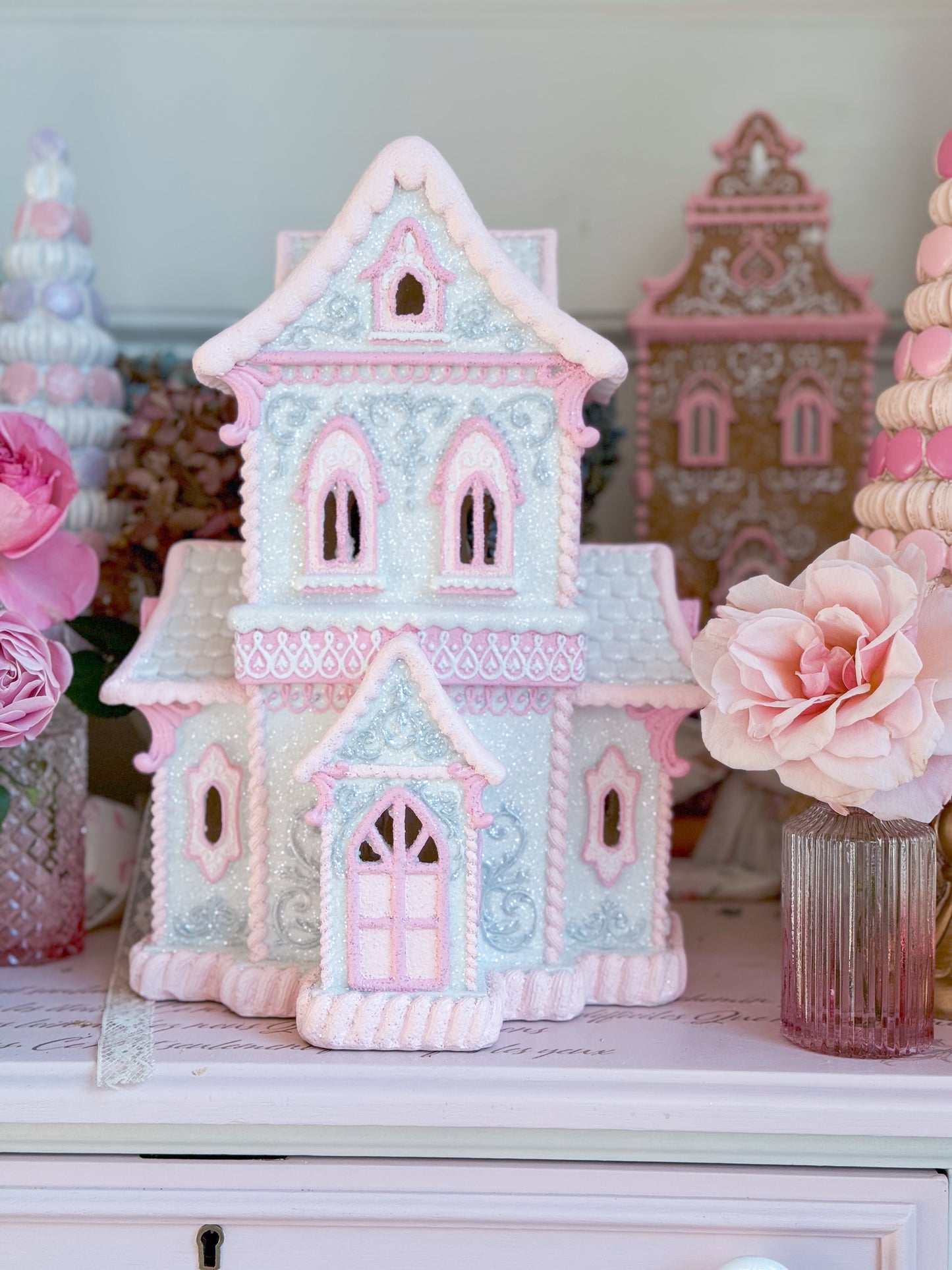 GLOW-UP COMMISSION: Bespoke Pastel Pink and White Hand Painted Two-Story Victorian Gingerbread House