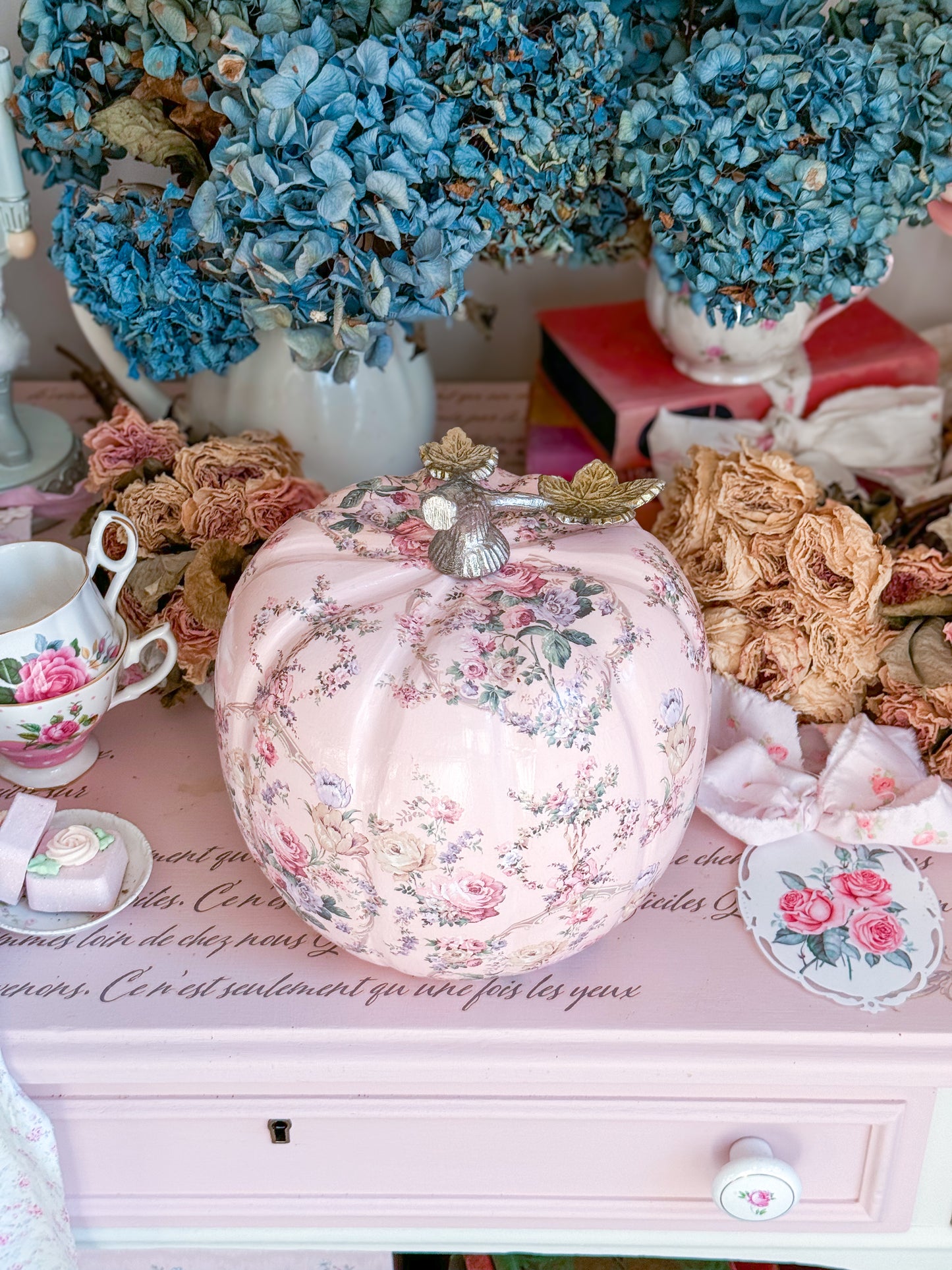 Bespoke Pastel Pink Hand Painted Shabby Chic Floral Pumpkin