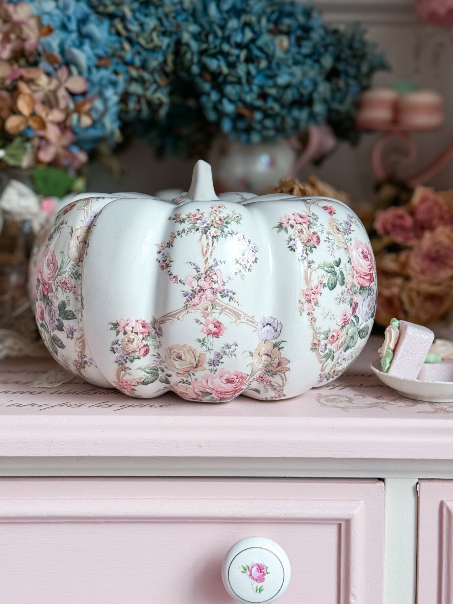 Bespoke Shabby Chic White Floral Ceramic Pumpkin + Custom Blue Paint