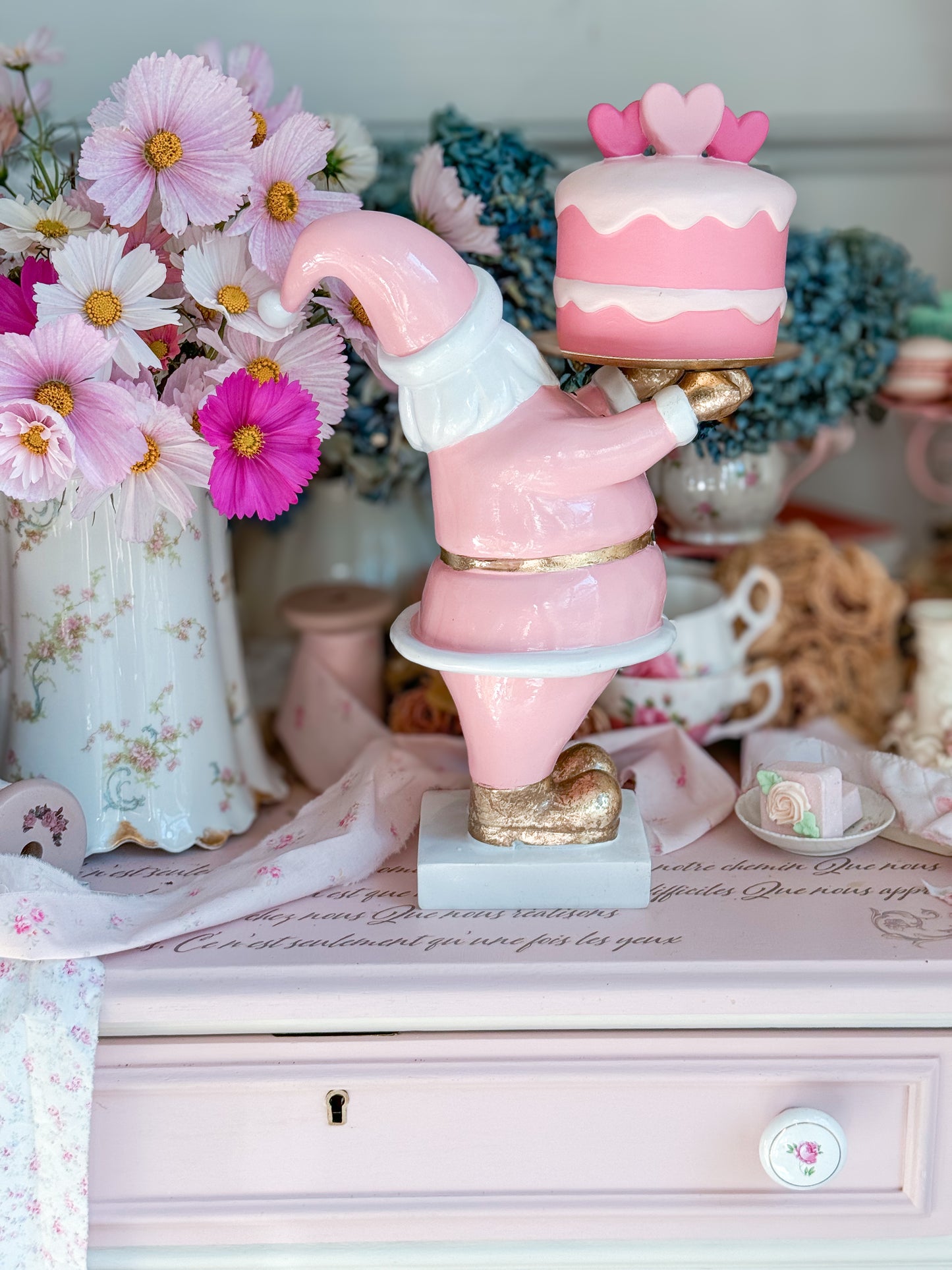 Pastel Pink and gold Santa Cake stand with hand painted ceramic mini cake