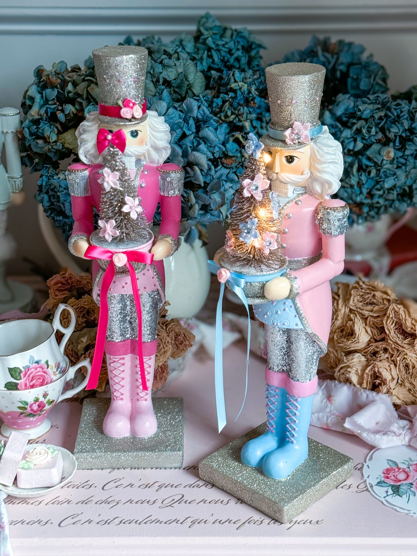 Bespoke Hand Painted Pink and Blue LED light up Nutcracker Bundle