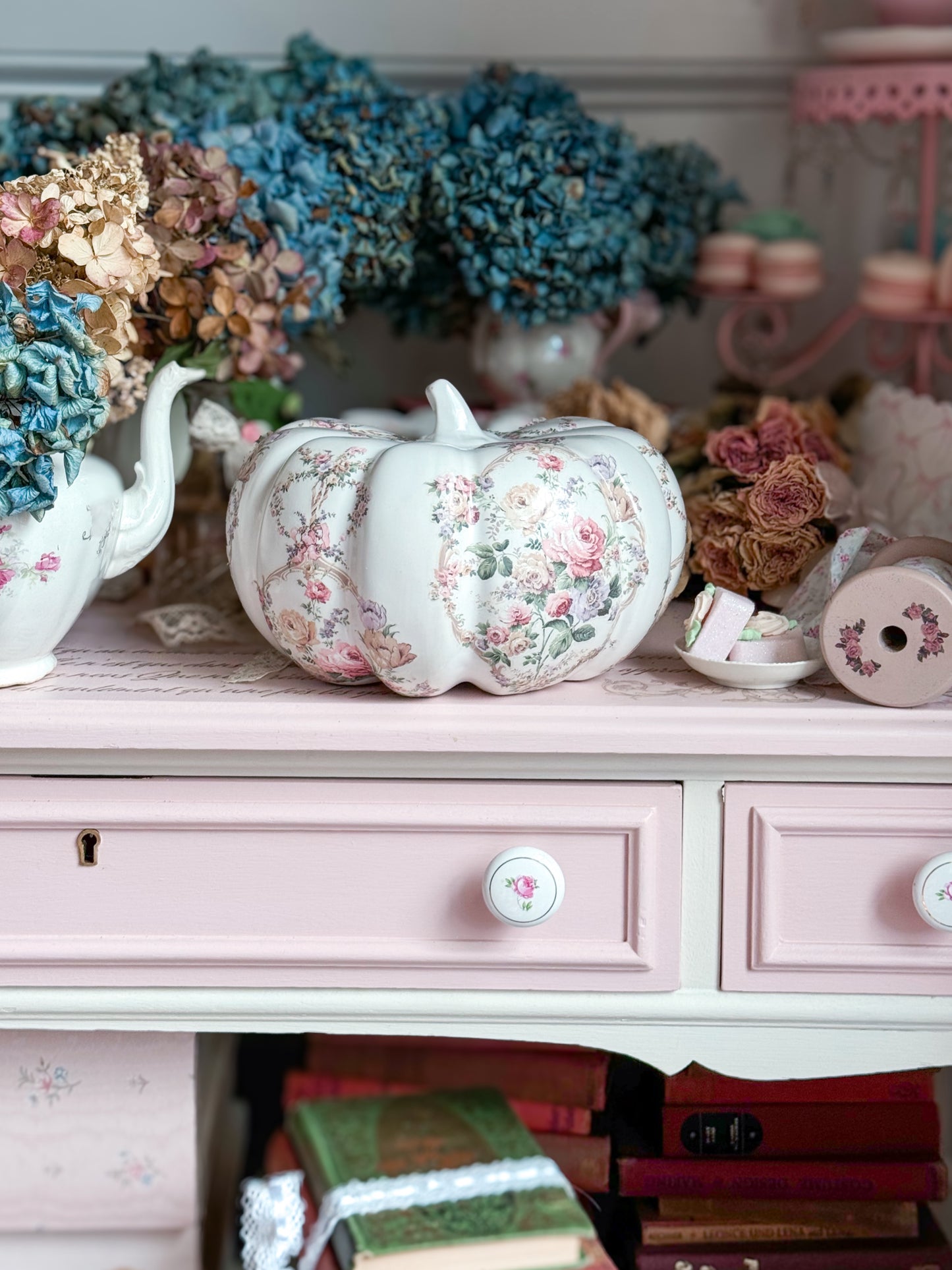 Bespoke Shabby Chic White Floral Ceramic Pumpkin + Custom Blue Paint