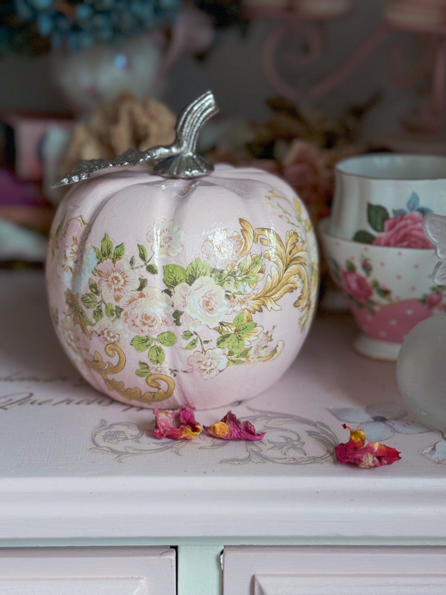 Bespoke Pastel Pink Rococo Hand Painted 5” Floral Pumpkin