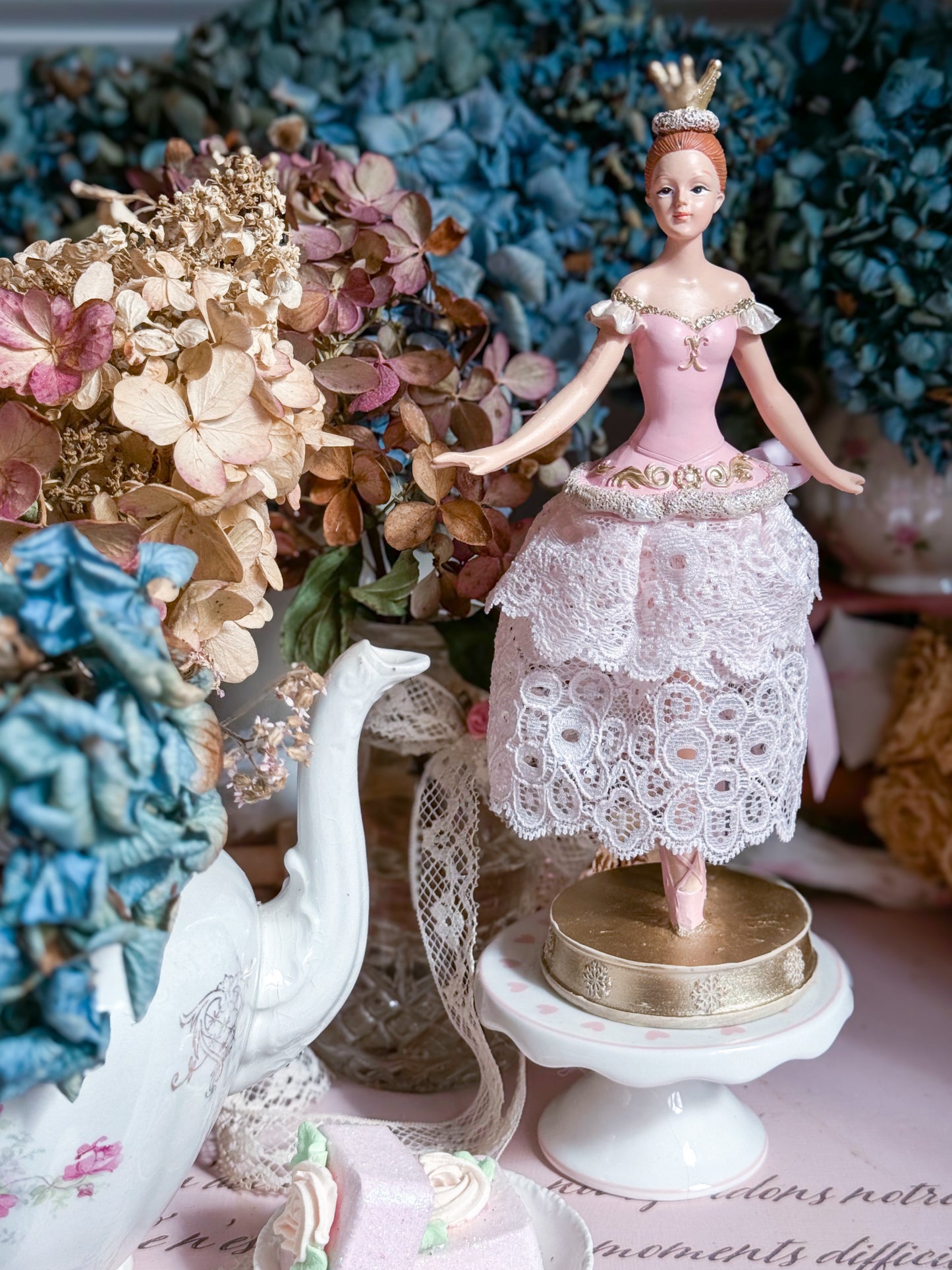 Bespoke Pink Ballerina Figurine with Handmade Tutu made of Luxurious Blush Lace