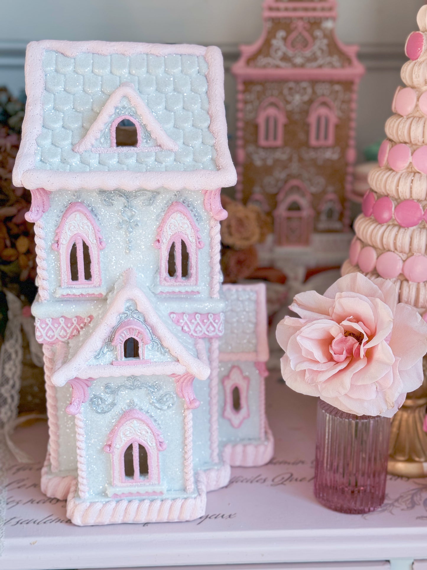 GLOW-UP COMMISSION: Bespoke Pastel Pink and White Hand Painted Two-Story Victorian Gingerbread House