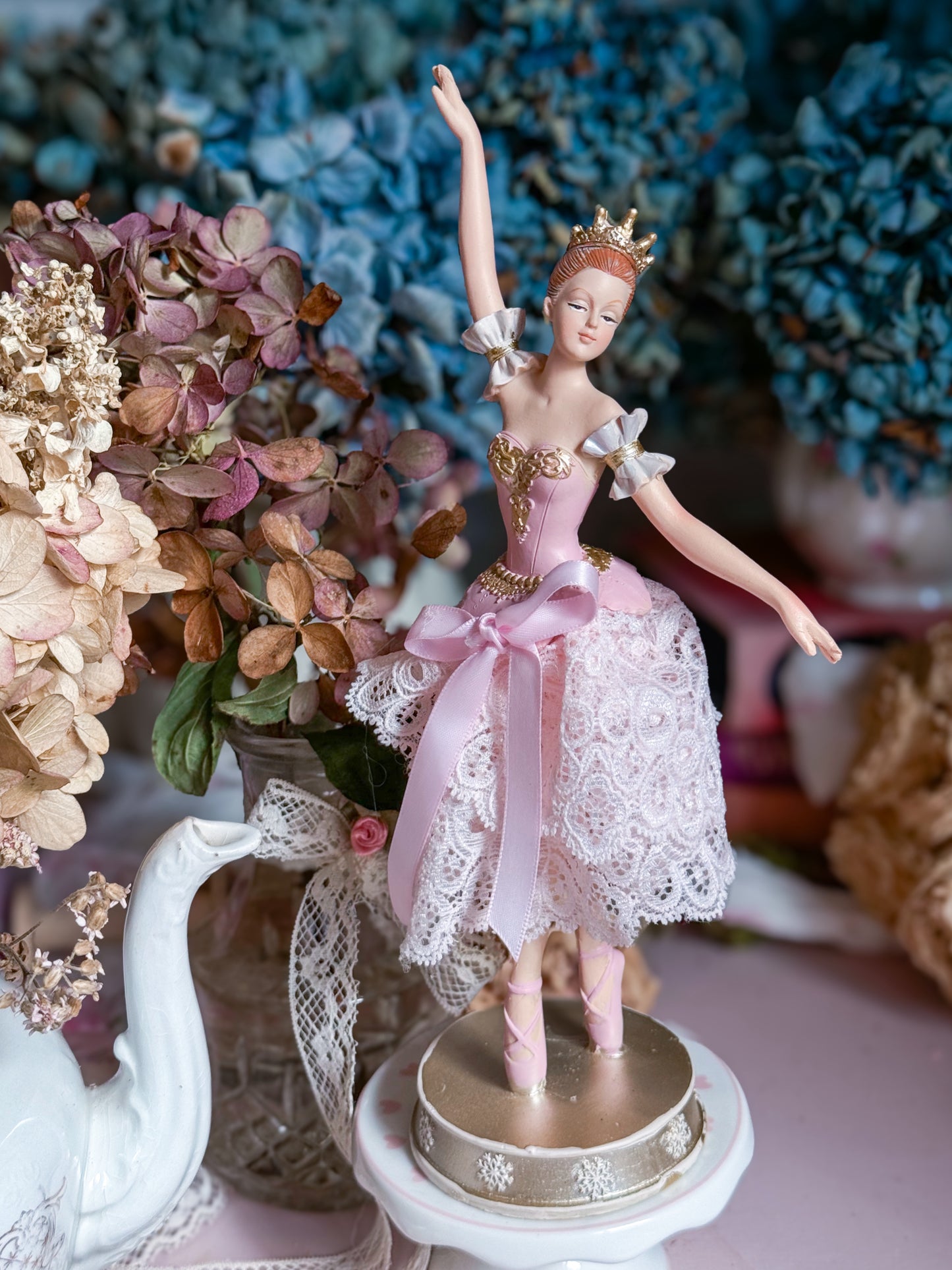 Bespoke Pink Ballerina Figurine with Handmade Skirt of Luxurious Pastel Pink Lace